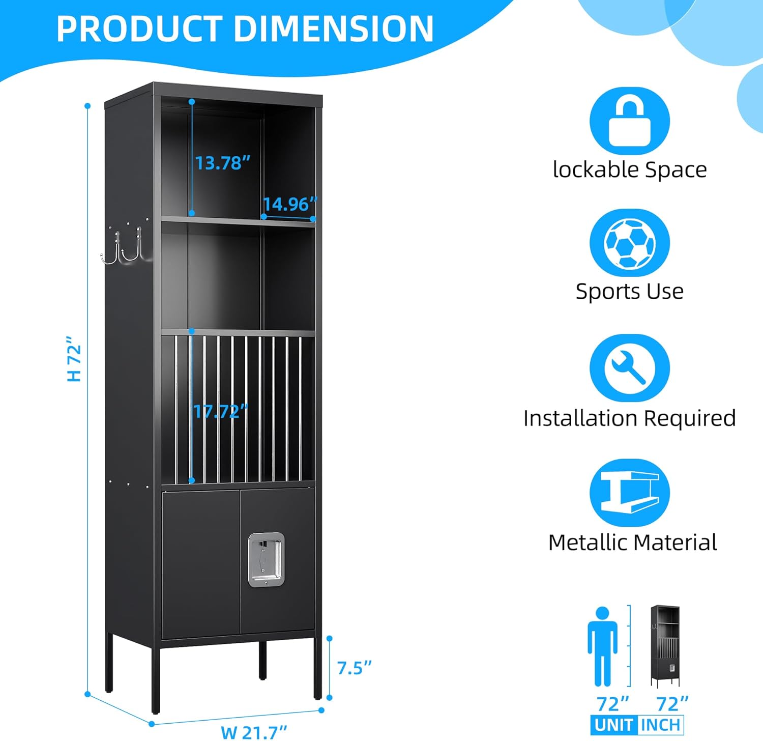 METAN Metal Sports Lockers for Bedroom,School,Steel Locker with Legs and Lockable Door,Black,Assembly Required