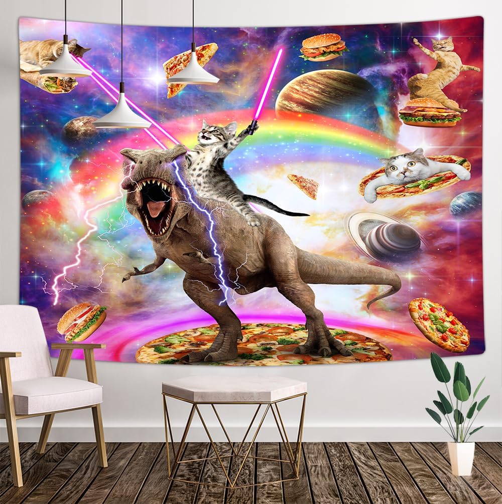 Xguatan Funny Cat Tapestry, Cool Cat Riding Dinosaur on Fantasy Galaxy Space,Cute Hilarious Outer Universe Anime Tapestry for Bedroom Living Room Dorm, Panels 60 x 40 Inch image 2