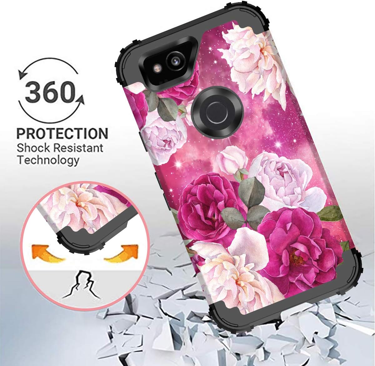 Casetego Compatible with Google Pixel 2 Case,Floral Three Layer Heavy Duty Hybrid Sturdy Shockproof Full Body Protective Cover Case for Google Pixel 2,Rose Red/Black