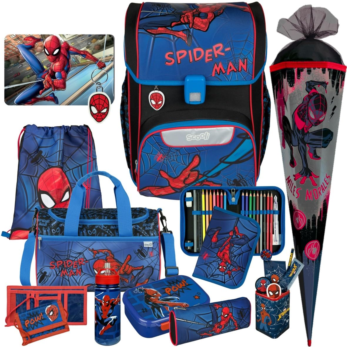 Scooli Schulranzen 1.Klasse Jungen EasyStart Schulranzen-Set "geeignet für Spiderman-Fans" (12tlg. mit Sporttasche, Brotdose, Trinkflasche, Stifteköcher, passend Geldbörse, Platzdeckchen, Schultüte)