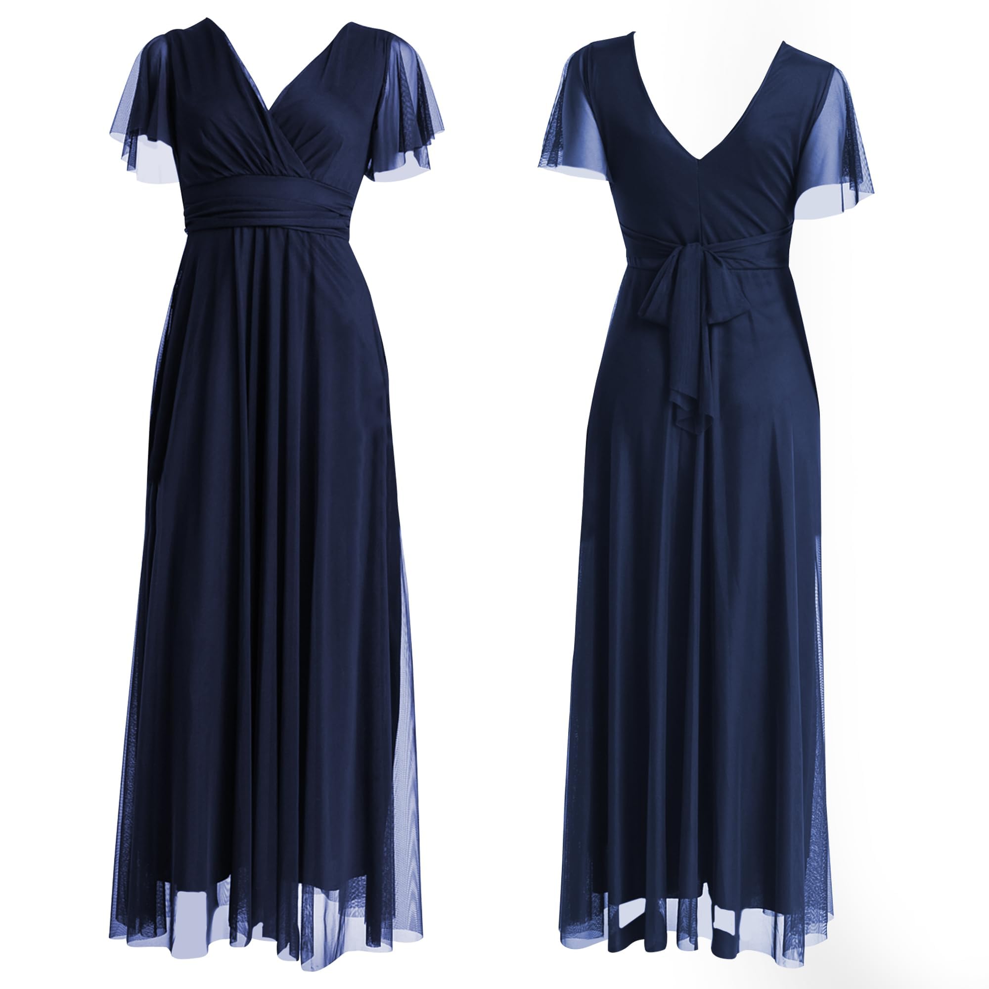 Abito Lungo Elegante Donna con Maniche Volant e Scollo a V – Vestito da Cerimonia Made in Italy