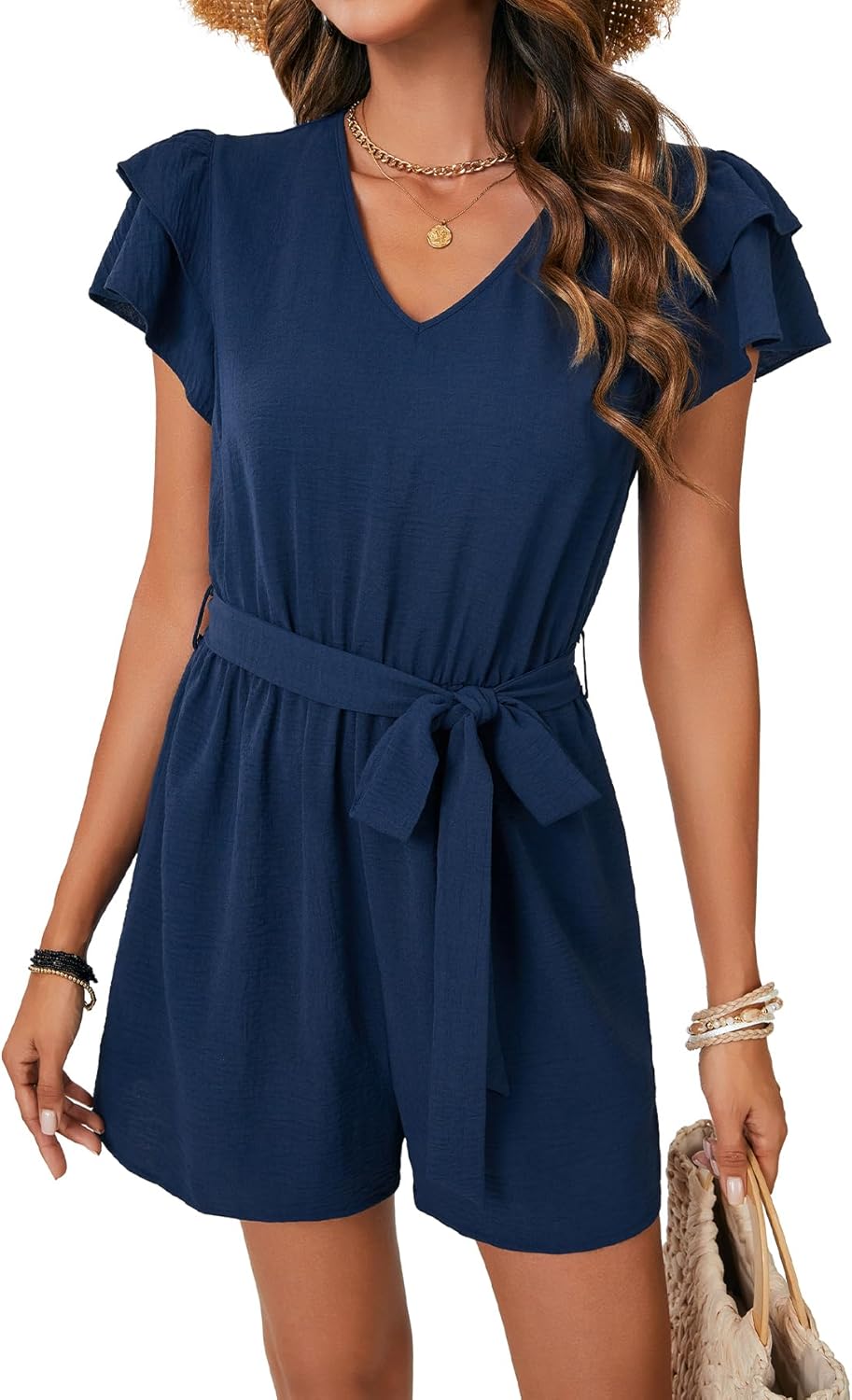 Rooscier Women's Summer V Neck Flutter Short Sleeve Belted Romper Keyhole Back Jumpsuit - Image 2