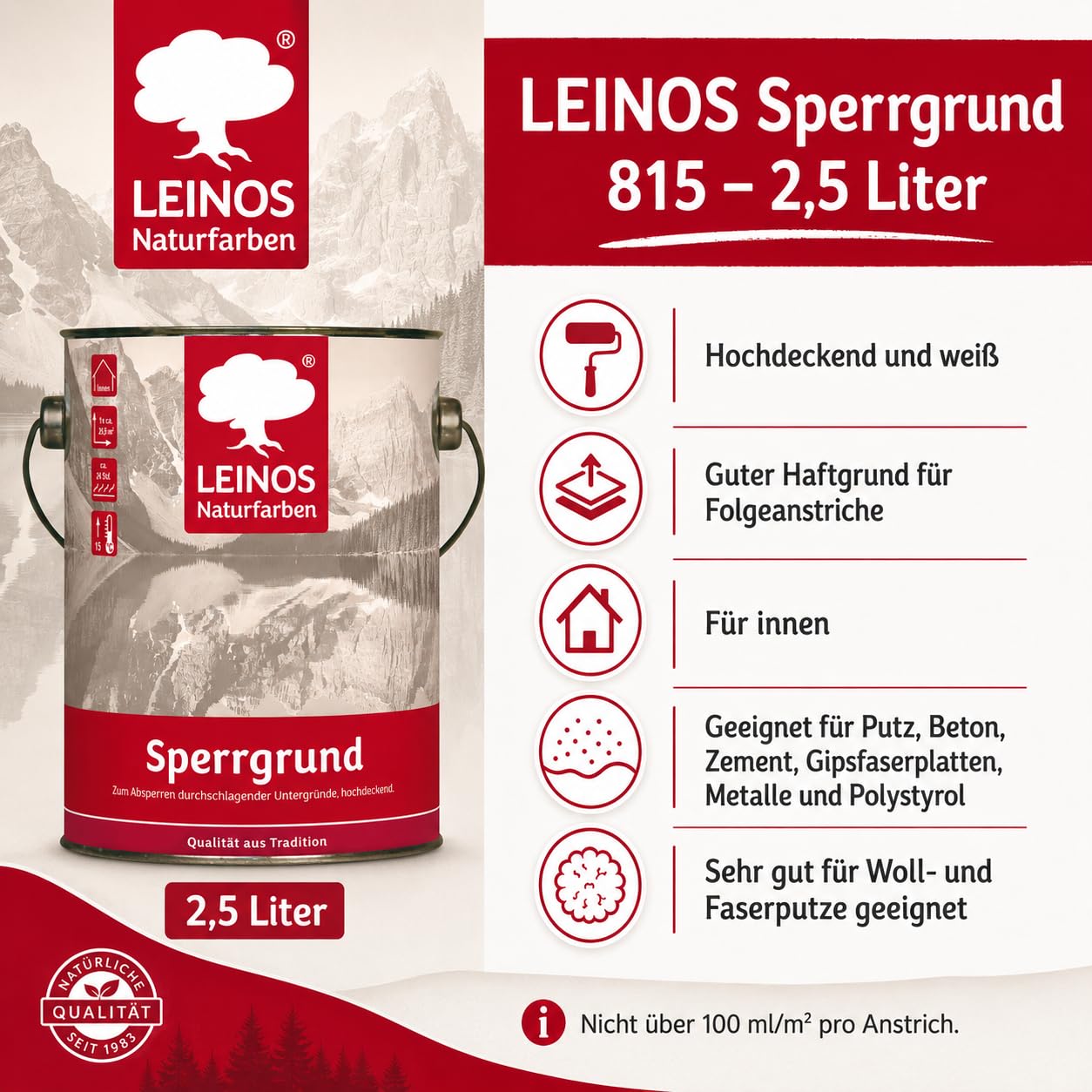 LEINOS 815 Sperrgrund 2,5 l | Hochdeckend: Erzeugt einen weißen, leicht rauen Untergrund, der für nachfolgende Anstriche gute Haftung bietet