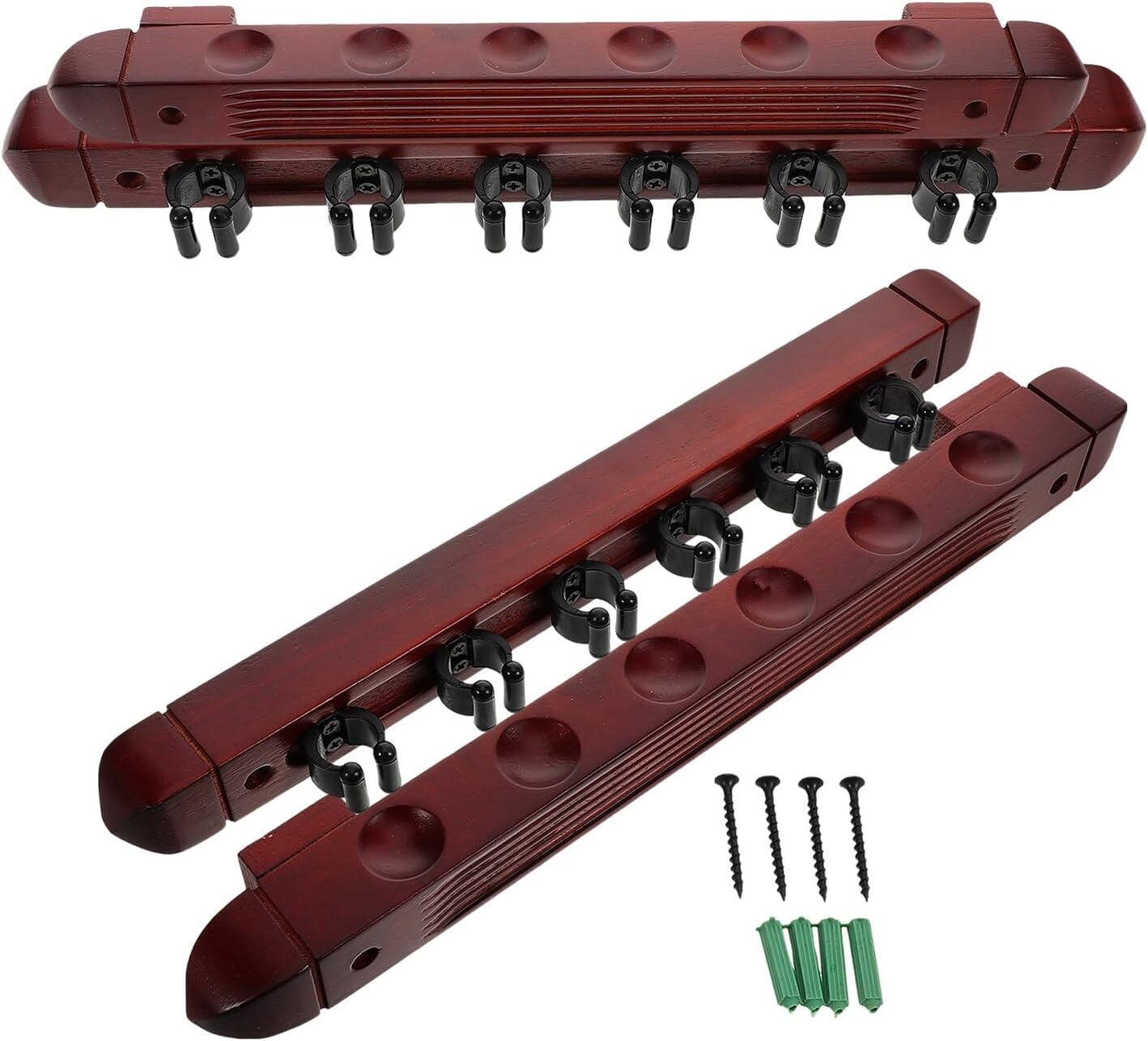 DOITOOL 2 Sets Wall Mounted Wooden Pool Cue Holder 6-hole Billiard Stick Organizer Rack Wine Red for Game Room Bars Clubs Storage