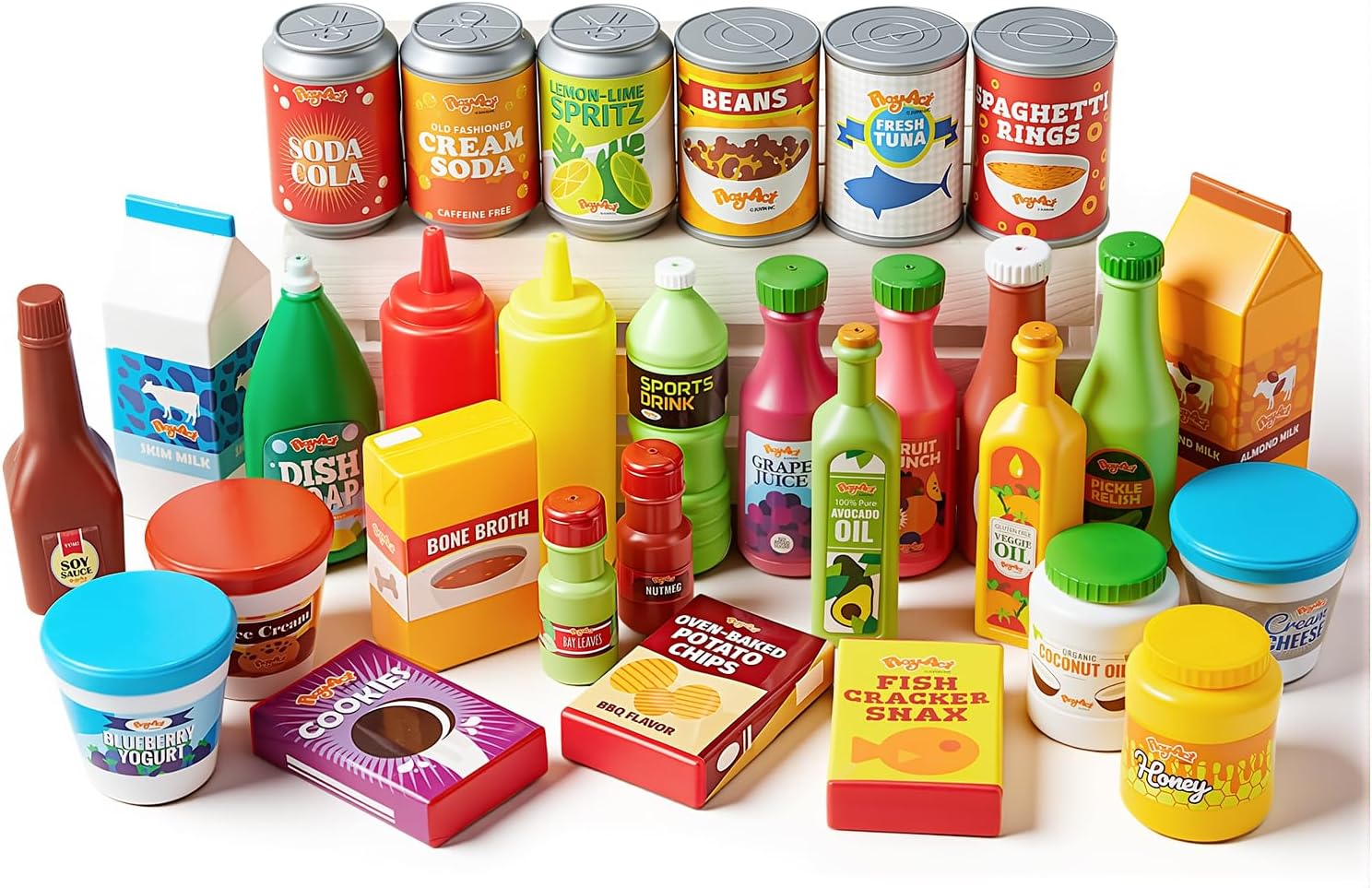 JOYIN 30Pcs Play Food Grocery Cans, Imaginative Play Kitchen Accessories, Includes Drink, Juice, Jar, Seasoning, Water Bottle, Sauce, Yogurt, Ice Cream, Snack Box, Kids Gifts for Ages 2-5