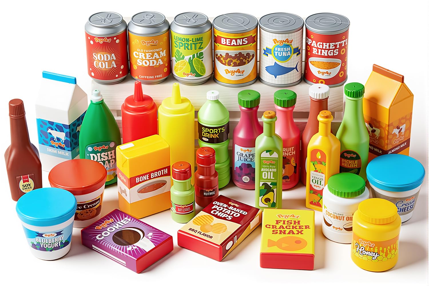 30Pcs Play Food Grocery Cans, Imaginative Play Kitchen Accessories, Includes Drink, Juice, Jar, Seasoning, Water Bottle, Sauce, Yogurt, Ice Cream, Snack Box, Kids Gifts for Ages 2-5