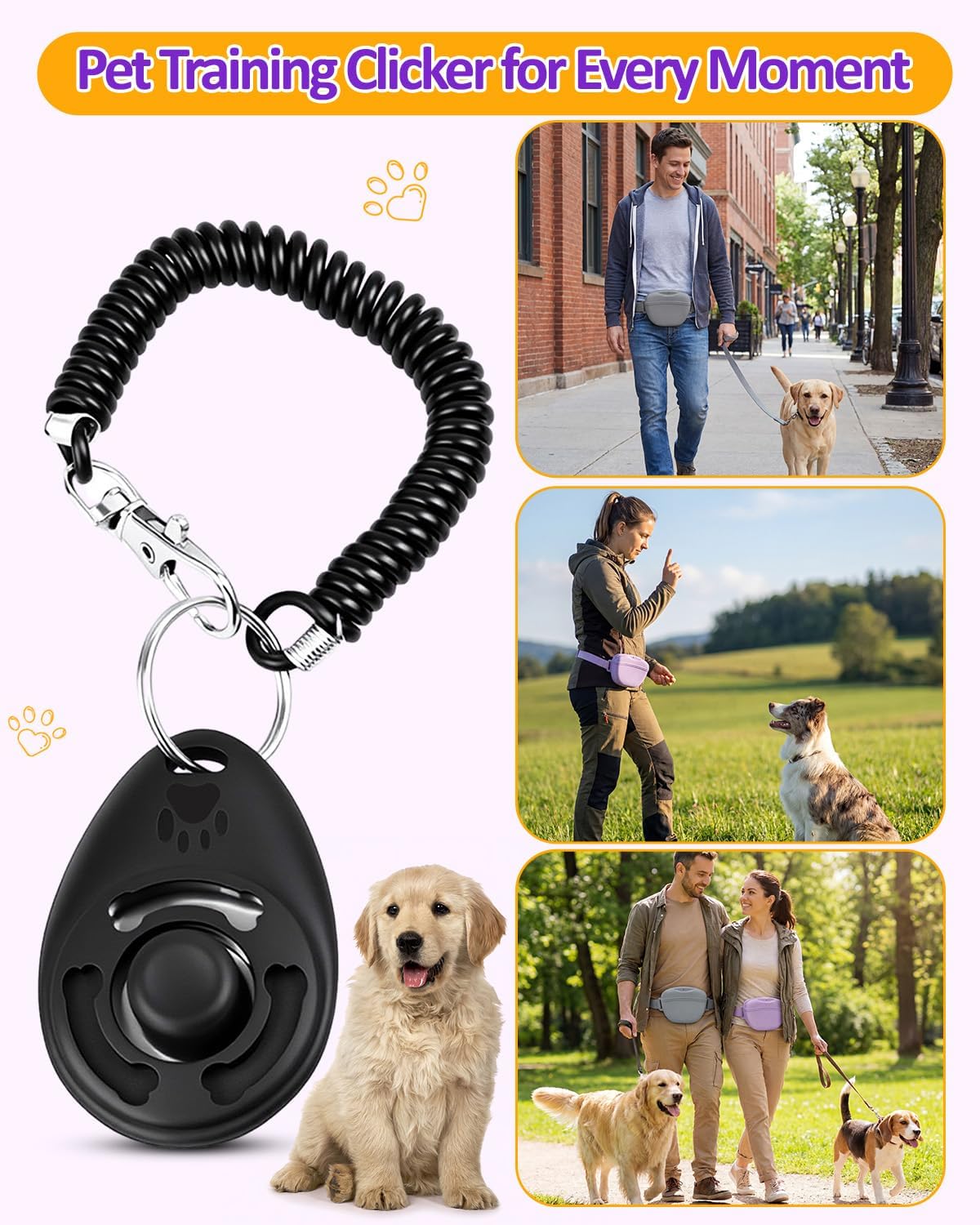 One-Hand Access 2-Pack Silicone Dog Treat Pouches with 2 Training Clickers - Magnetic Auto-Closing Lid, Extended Waist Belt, Pocket-Sized for Walks