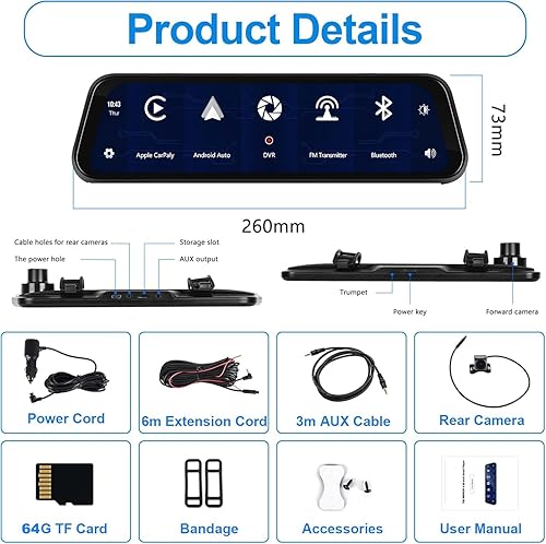Miniatura 7 de Hikity Carplay - Cámara de tablero inalámbrica con espejo para Android Auto, pantalla táctil IPS de 9.66 pulgadas, espejo retrovisor frontal, cámara