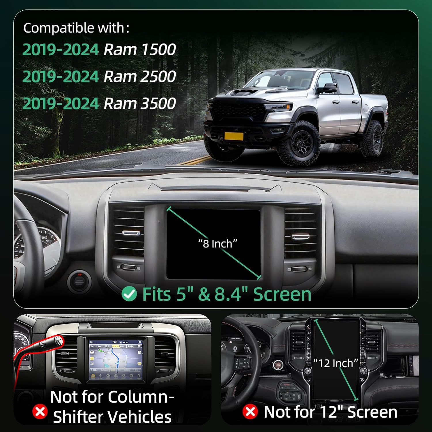 Phone Mount for Dodge Ram 1500/2500/3500 (2019-2024, 5" & 8.4"), 15W Wireless Charger, Magnetic Phone Holder, Dashboard Car Holder,360°,Hands-Free, 2022 Truck Driver Essentials(Not for Column Shifter)