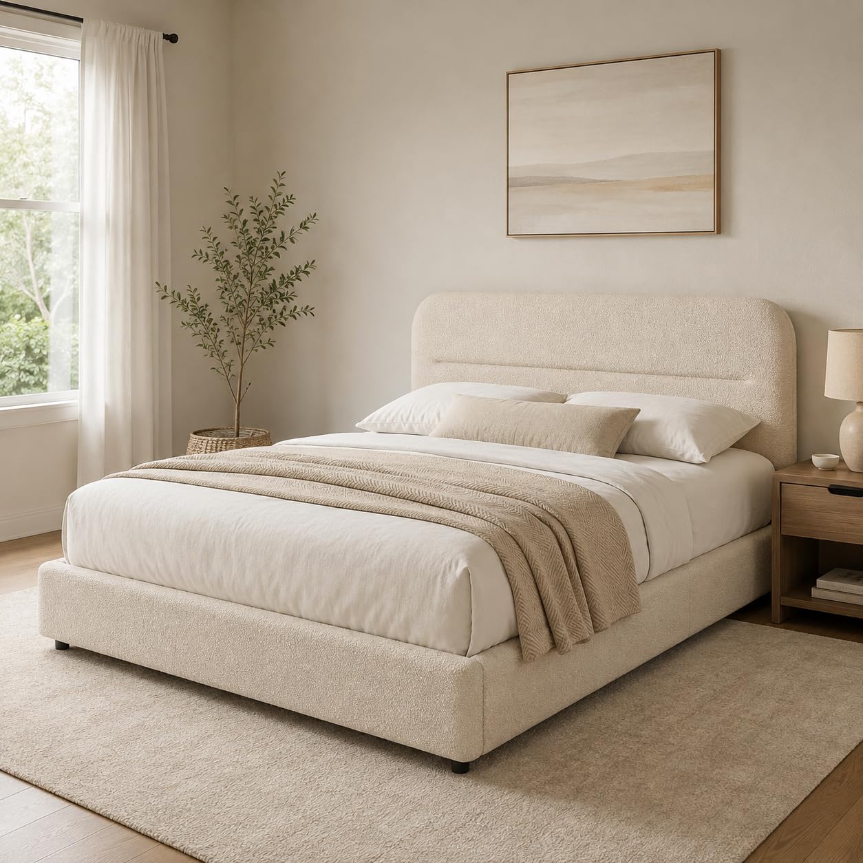 HOMBCK Queen Bed Frame, Cream Boucle Upholstered Platform Bed