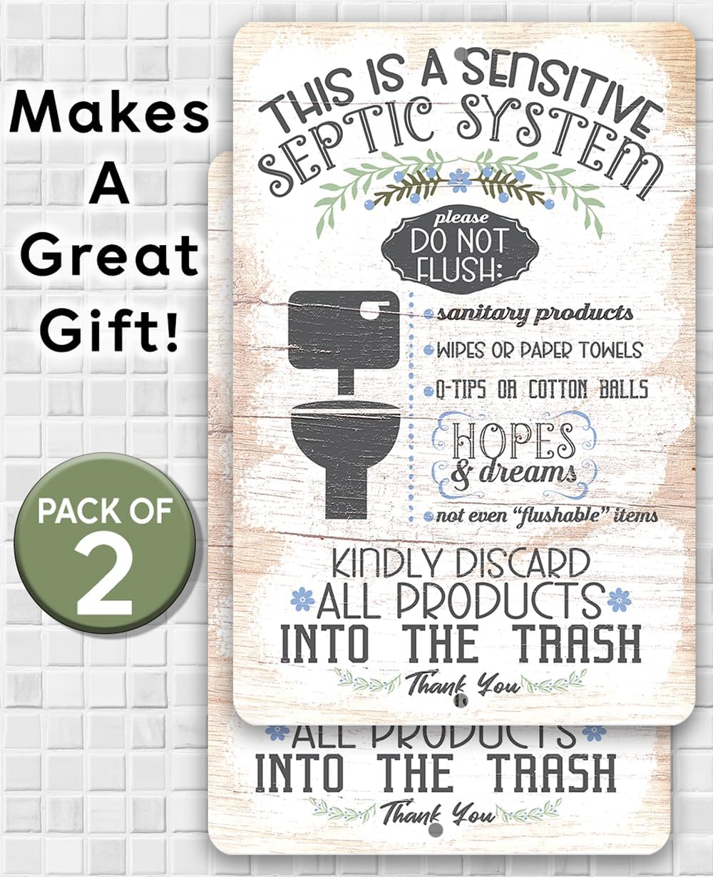 A Sensitive Septic System Metal Sign – Funny Bathroom Rules Sign for Indoor or Outdoor Use – Durable 12x18 Aluminum Plaque – Septic Tank Warning Sign – Clever Restroom Decor for Home or RV