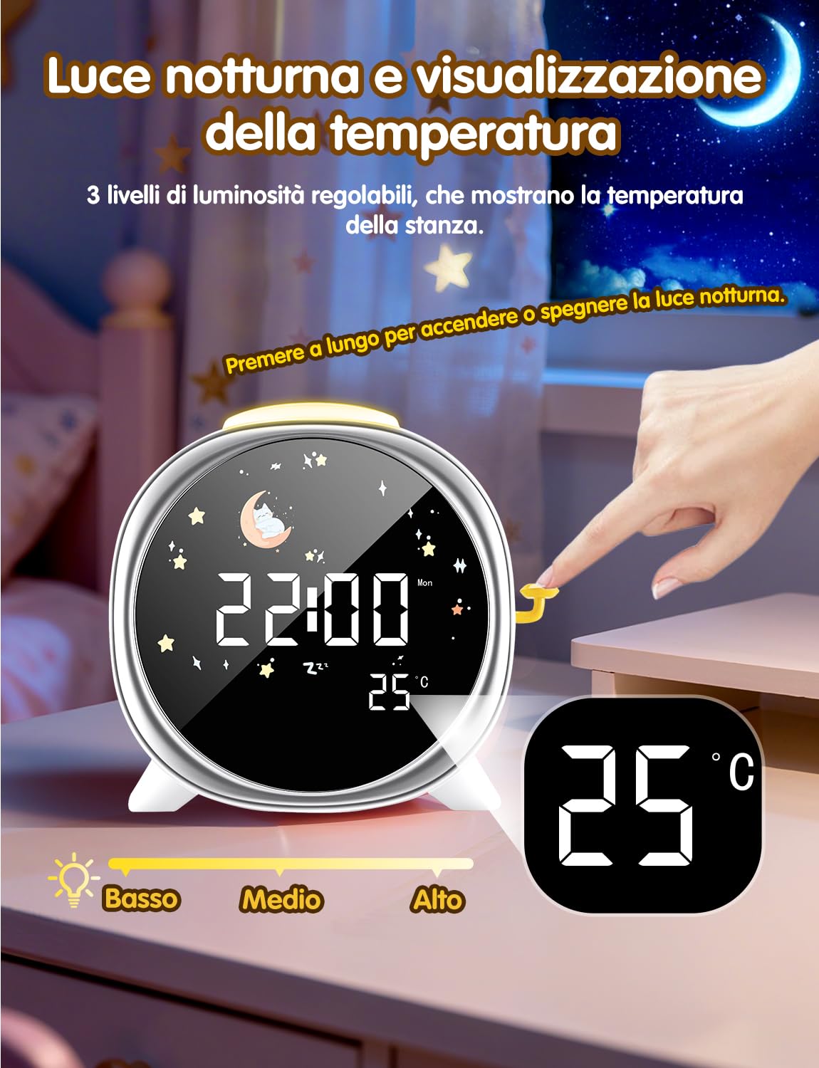 LIORQUE Sveglia Digitale per Bambini, Sveglia Bambini, 5 Suoni, Luce Notturna Regolabile, Display LCD con Modalità Sole e Luna, Doppia Allarme, Alimentazione USB, per Bambini e Bambine