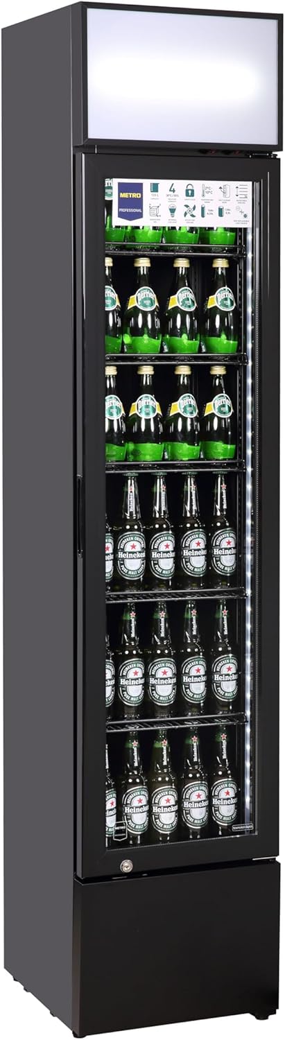 METRO Professional Frigorífico para Bebidas GSC2133B, 133L, 5 Estantes Ajustables, Puerta de Cristal con Cerradura, Iluminación LED, Negro