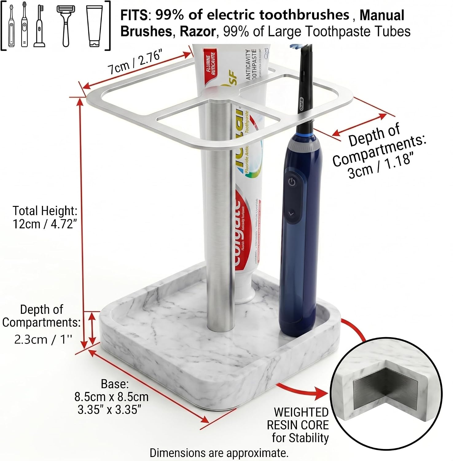 Stainless Toothbrush Holder，3-Slot Design with Resin Marble Base