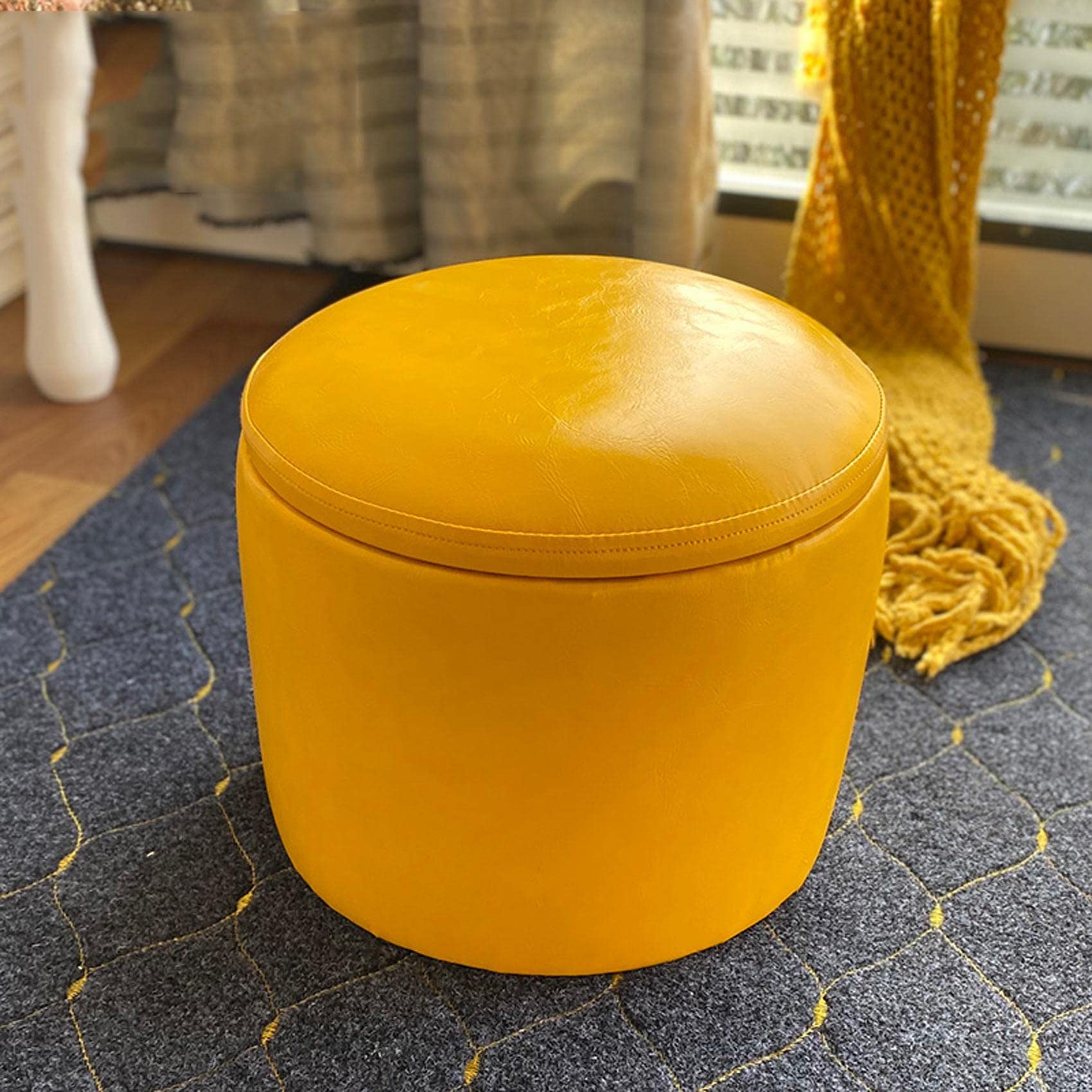 LMMIAOZ Yellow Leather Foot Stool with Storage Compartment Round Living Room Footrest for Shoe Changing 40x33cm
