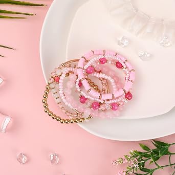 Pink Bracelets Bohemian Multi-Layer Beaded Stacking,8 Pcs Versatile Strand Stretch Sparkly Crystal Beads Wrap Slip-on Cuff Bangle Set