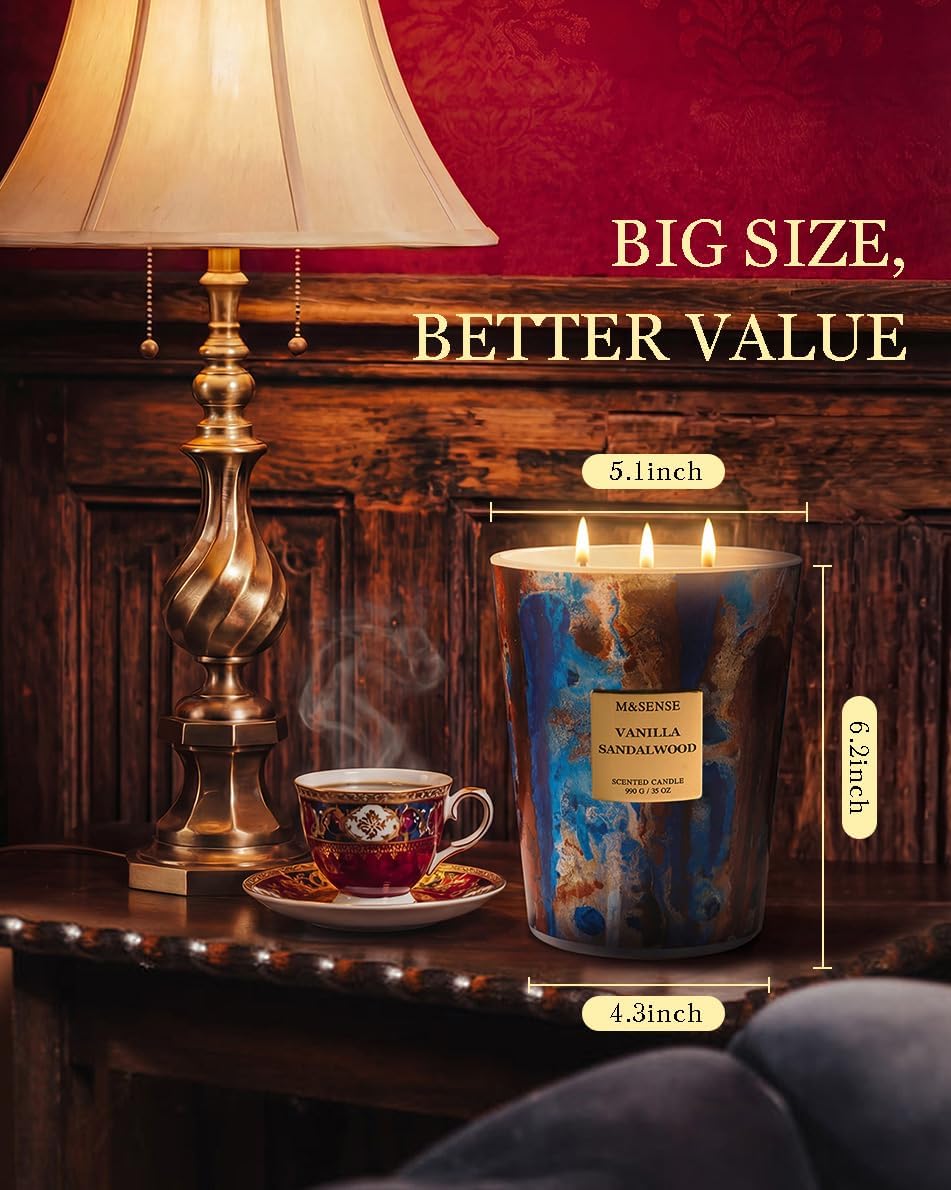 M&SENSE Large Soy Vanilla Sandalwood Scented Candle, 35oz 150 Hours 3-Wick Non-Toxic Candles, Warm Cozy Housewarming Gift, Mothers Day Decor for Home Relaxation