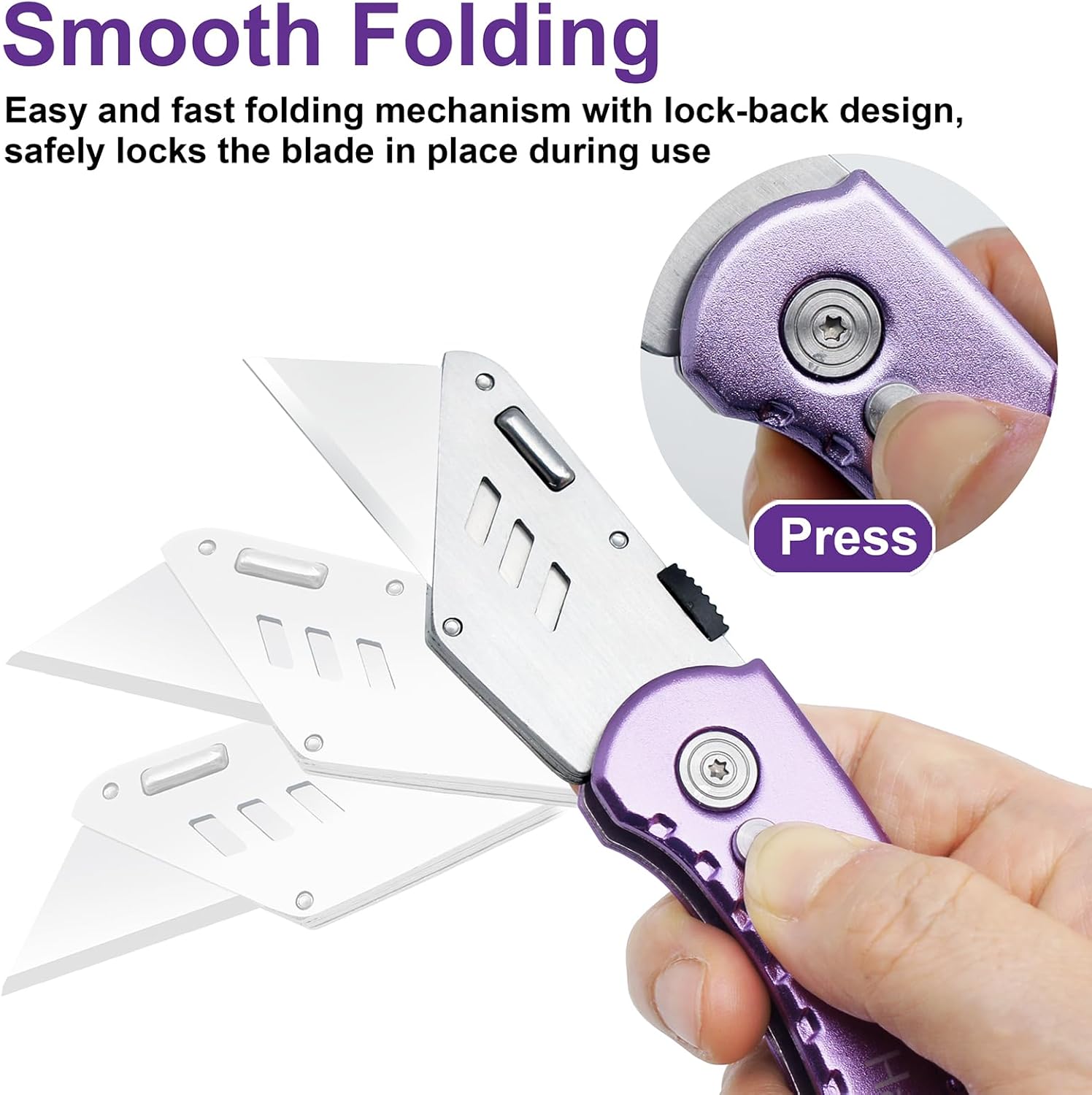 Harita Utility Knife Box Cutter Quick Change Blades, Back-lock Mechanism, Portable Belt Clip, with 5-piece Extra Blades, Purple