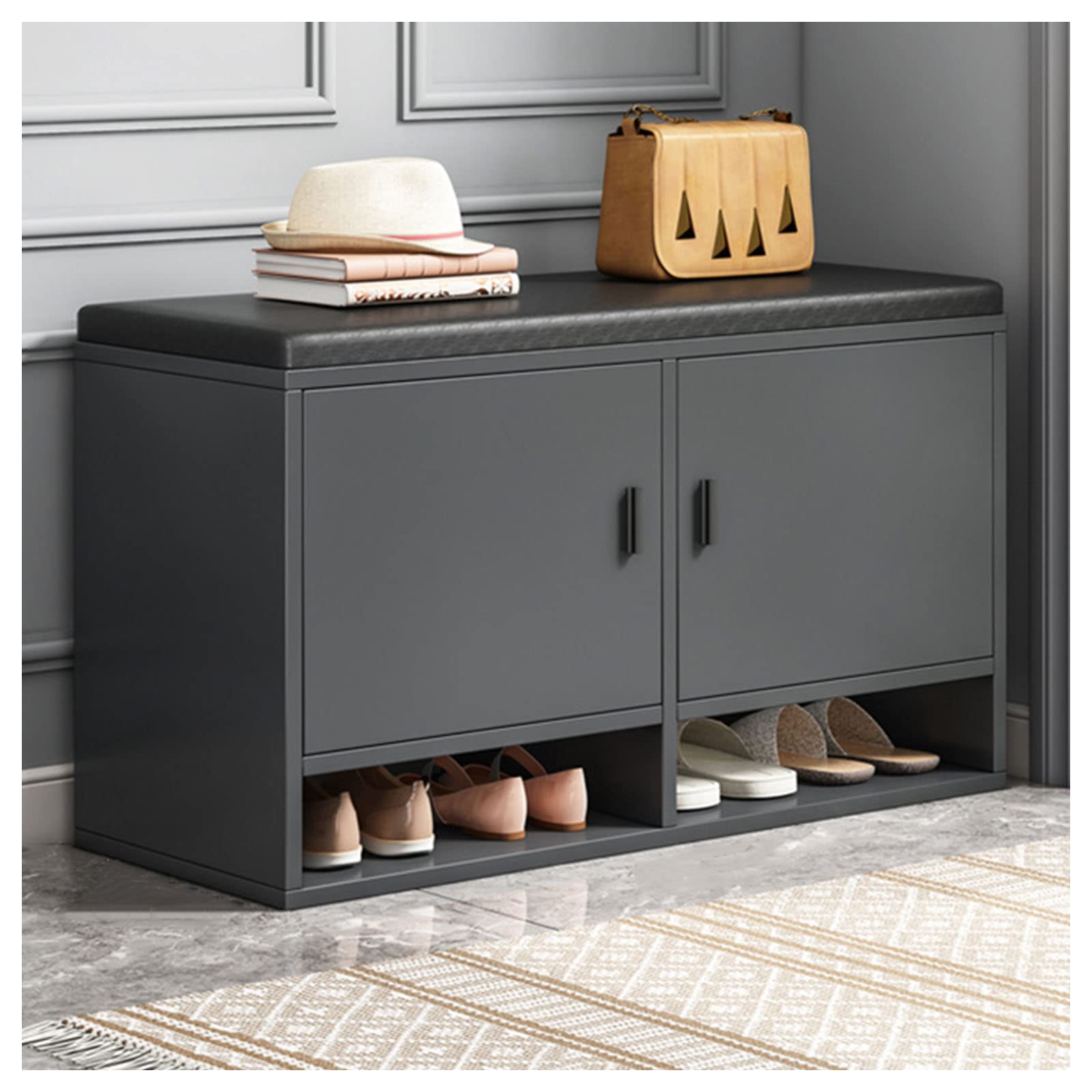 Meuble à chaussures en bois massif et tabouret d'entrée élégant