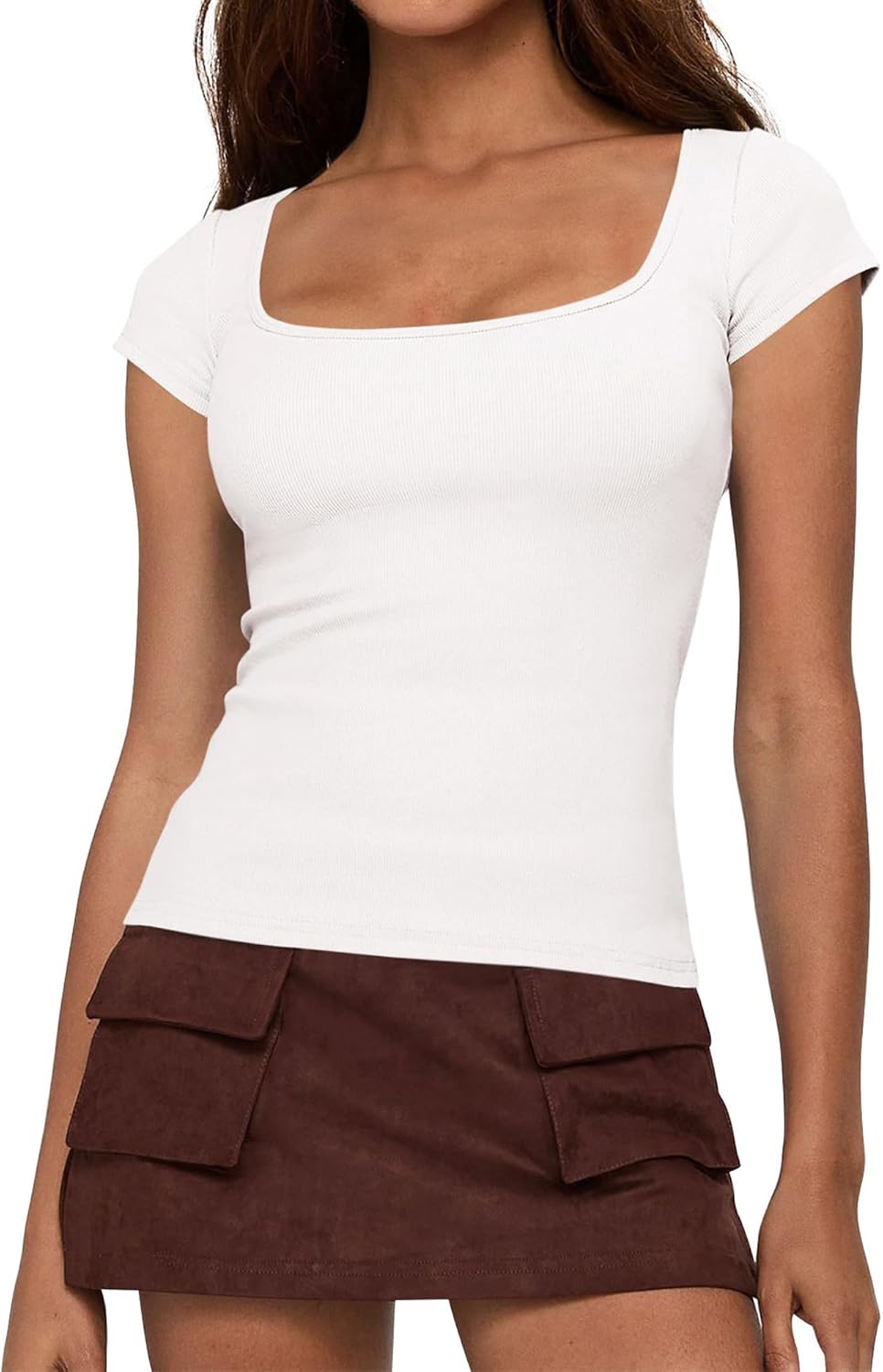 BTFBM Women Short Sleeve Tops Square Neck Ribbed Knit Basic Tee Shirt Y2K Casual Summer Clothes 2026 Spring Outfits(White, Medium)