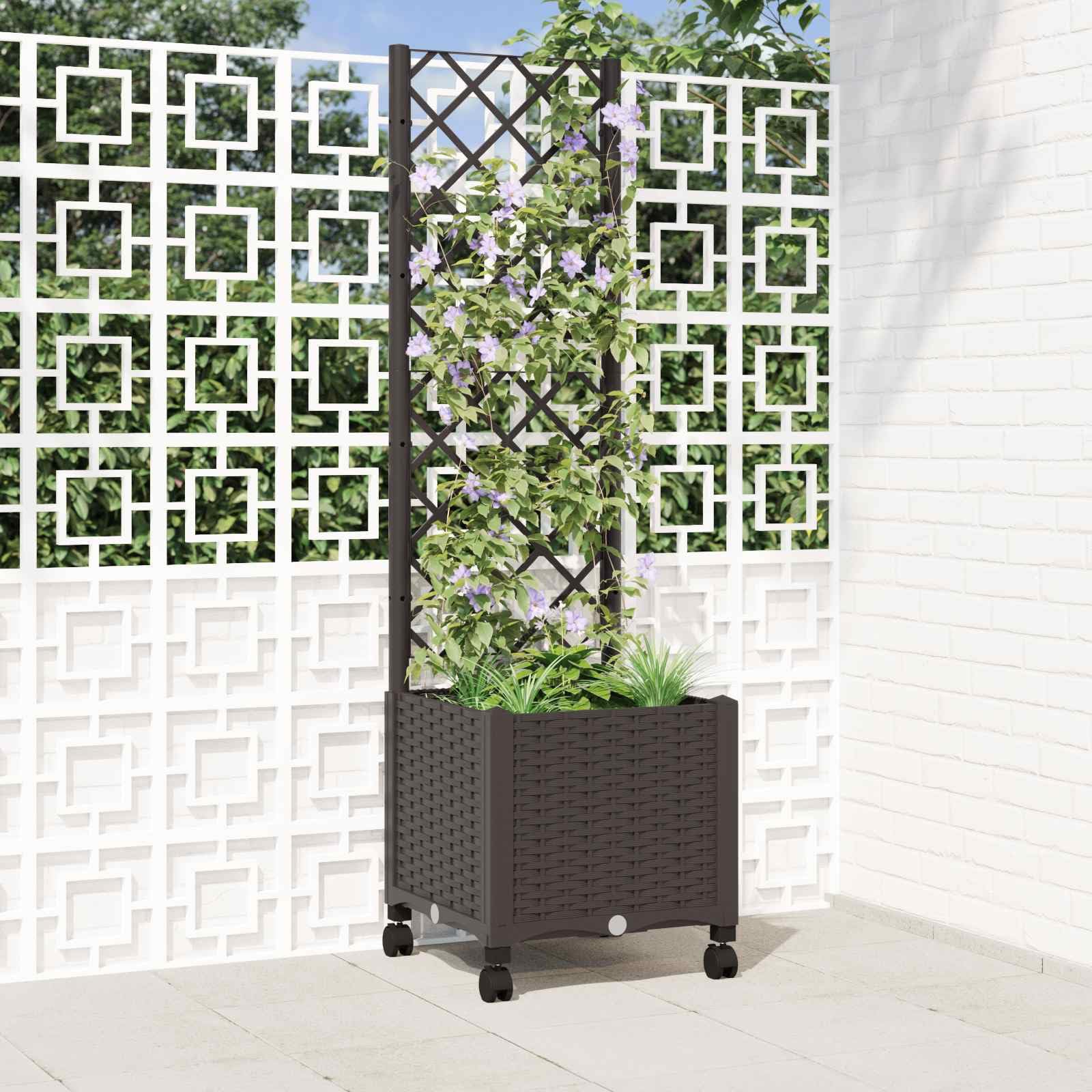 Pflanzkübel mit Spalier und Rädern Braun 40 x 40 x 146 cm wetterfester Gartenpflanzer für Balkone Terrassen und Gärten, ideal für Kräuter, Gemüse, Blumen