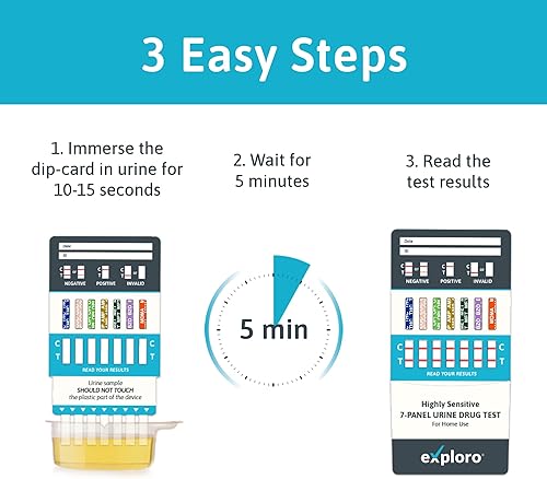 Vista 2 de Exploro Kit de prueba de drogas de 7 paneles - Prueba de drogas en orina en casa para THC, cocaína, opiáceos, anfetaminas, benzodiacepinas, MDMA