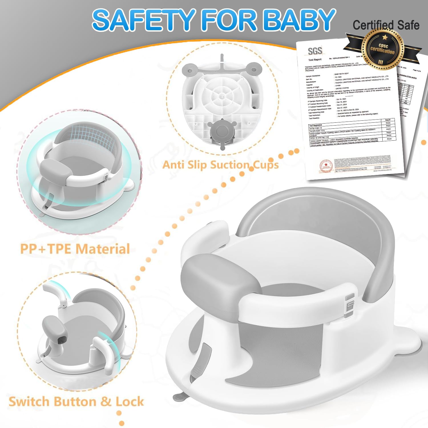 Baby Bath Seat for Babies 6 Months & Up, Toddler Bath Seats for Babies Sitting Up, Non-Slip Infant Bath Tub Chair with Suction Cups & Soft Cushion for Shower, Compact Toddler Bathtub Seat, Grey