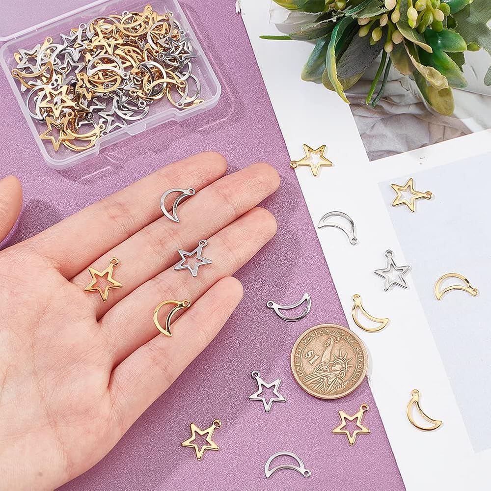 76 Pcs Vintage Pendentif Etoile Lune Soleil Argent Charmes Pendants Pour Collier Bracelet Boucle