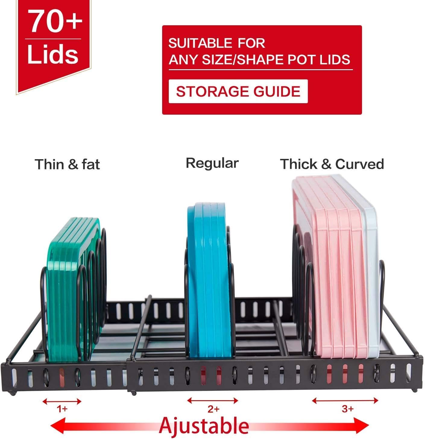 Expandable Food Container Lid Organizer,Large Capacity Adjustable 10 Dividers Detachable Lid Organizer Rack for Cabinets, Cupboards, Pantry Shelves, Drawers to Keep Kitchen Tidy,Black(Patent Pending)