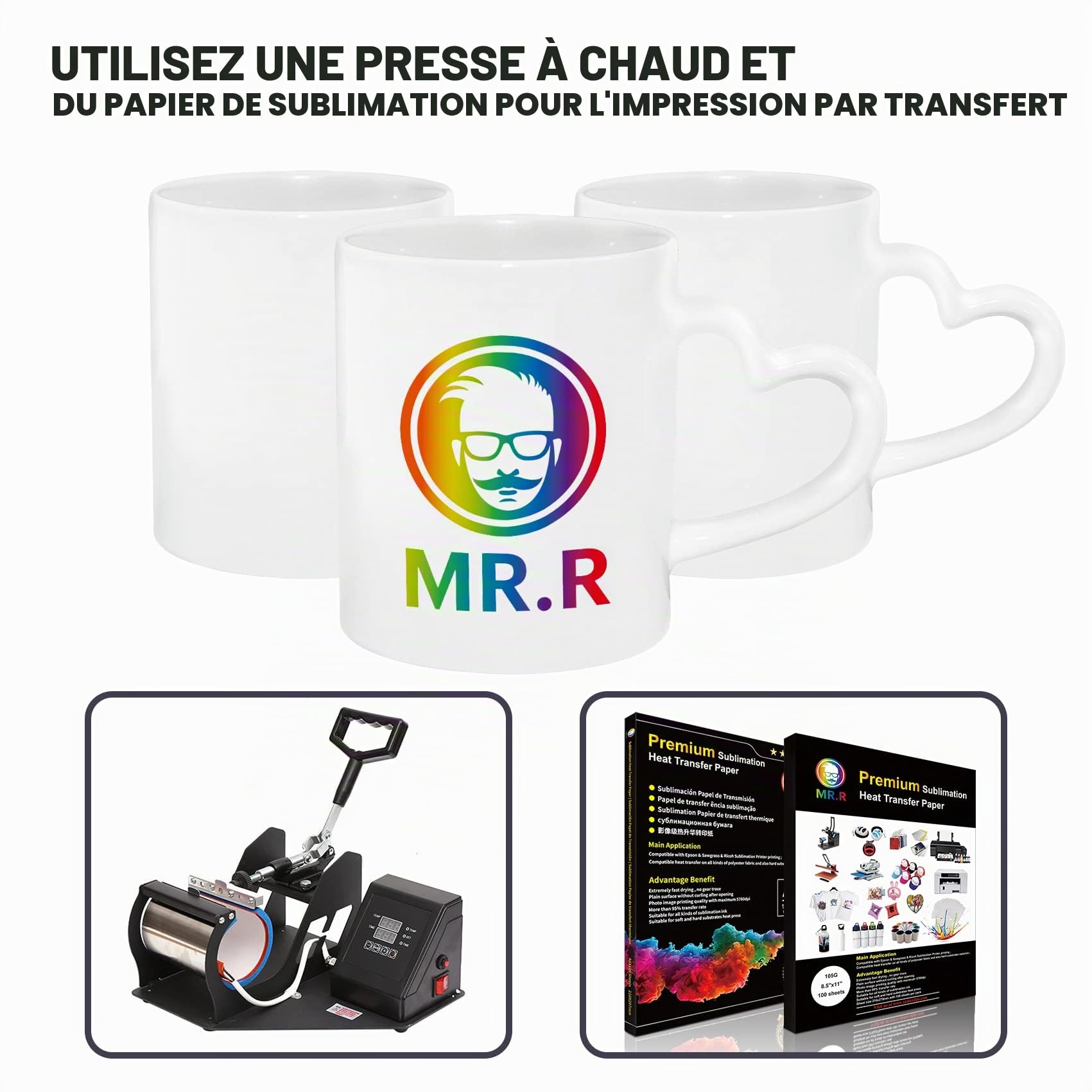 MR.R Lot de 36 tasses à café vierges en céramique blanche pour lave-vaisselle - 325 ml - Tasse classique en céramique avec poignée en forme de cœur pour le lait, le thé, le cola et l'eau