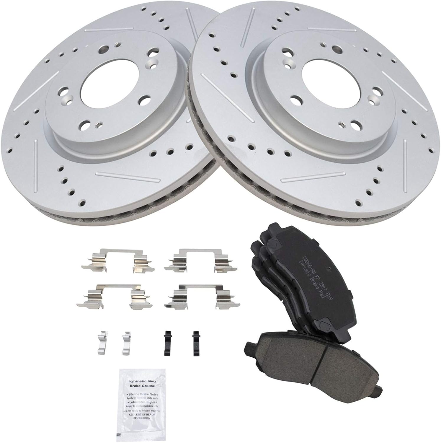 TRQ Front Brake Pad & Rotor Kit Ceramic Premium G-Coated Slotted X Drilled Compatible with 07-14 Chrysler Dodge 07-17 Jeep 04-21 Mitsubishi