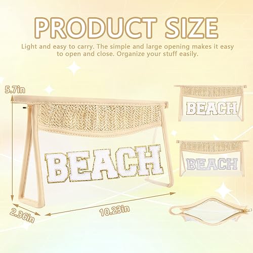 Miniatura 2 de Iqimott Bolsa de maquillaje transparente con parches bohemios, bolsa de maquillaje con cremallera impermeable, bolsa de aseo, Playa-Beige