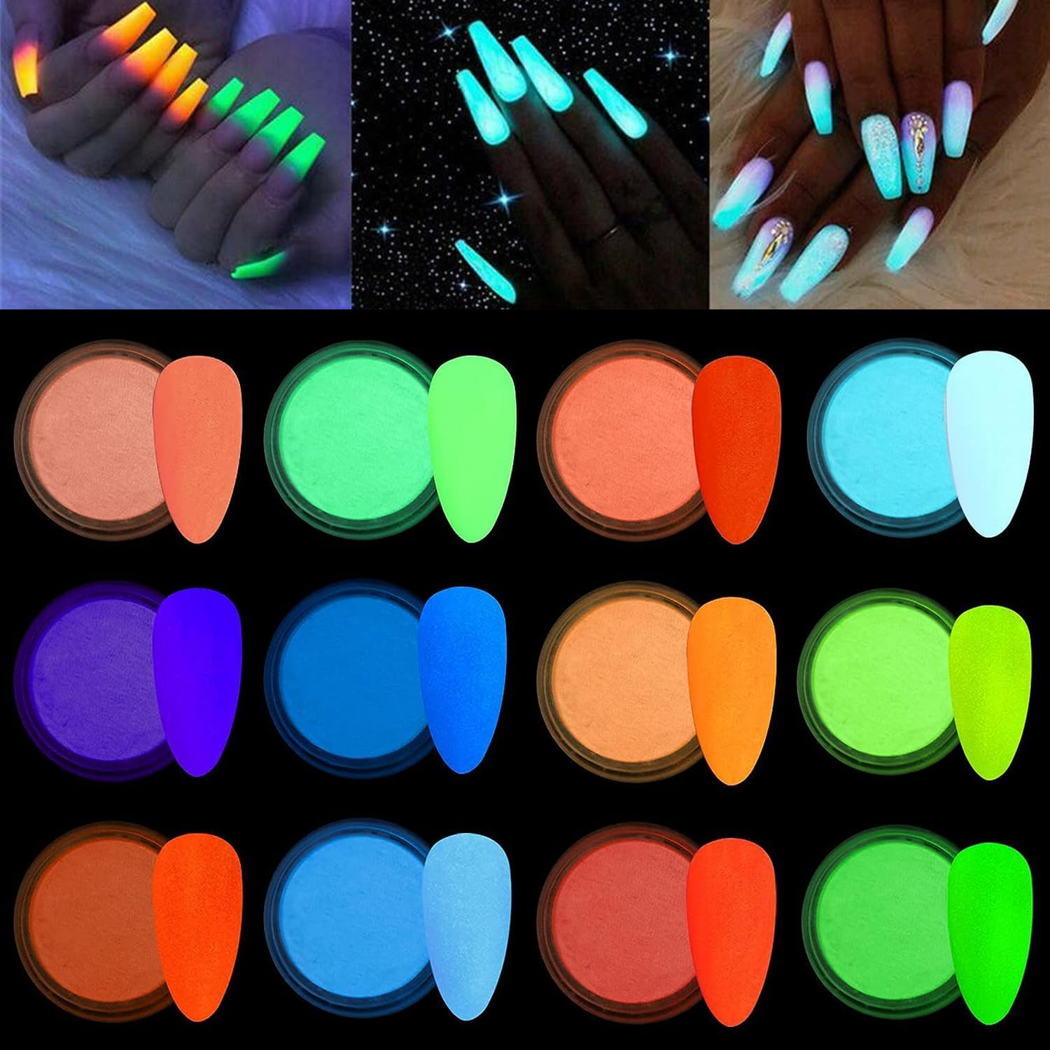 BISHENGYF 12 Colors Luminous Nail Powder Luminous Pigment Powder, Neon Color Nail Powder for Halloween Acrylic Gradient Nail Powder Glow in the Dark Paint for Face Body DIY Nail Decoration