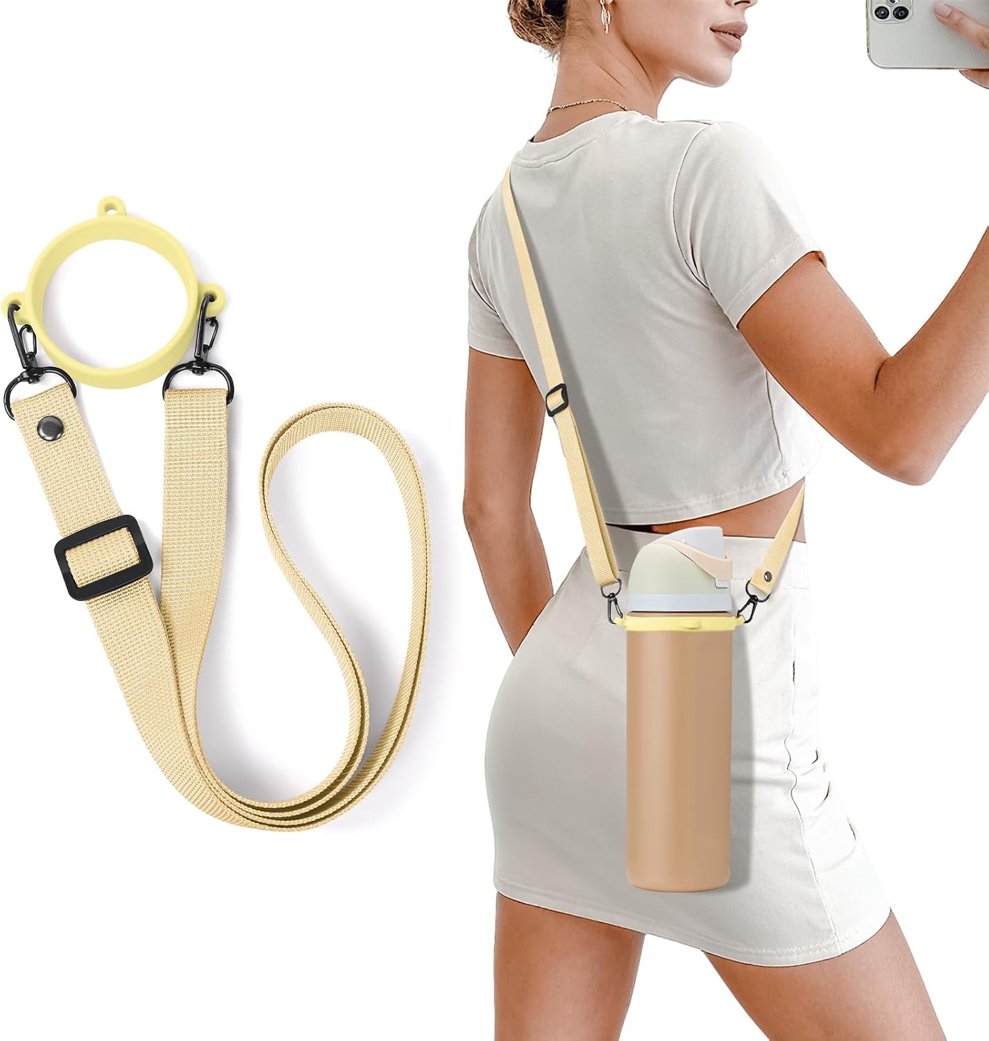 Water Bottle Strap Compatible with Owala Freesip Sway 30oz 40oz & Owala Freesip 24oz 32oz 40oz, Adjustable Bottle Handle (Light Yellow)