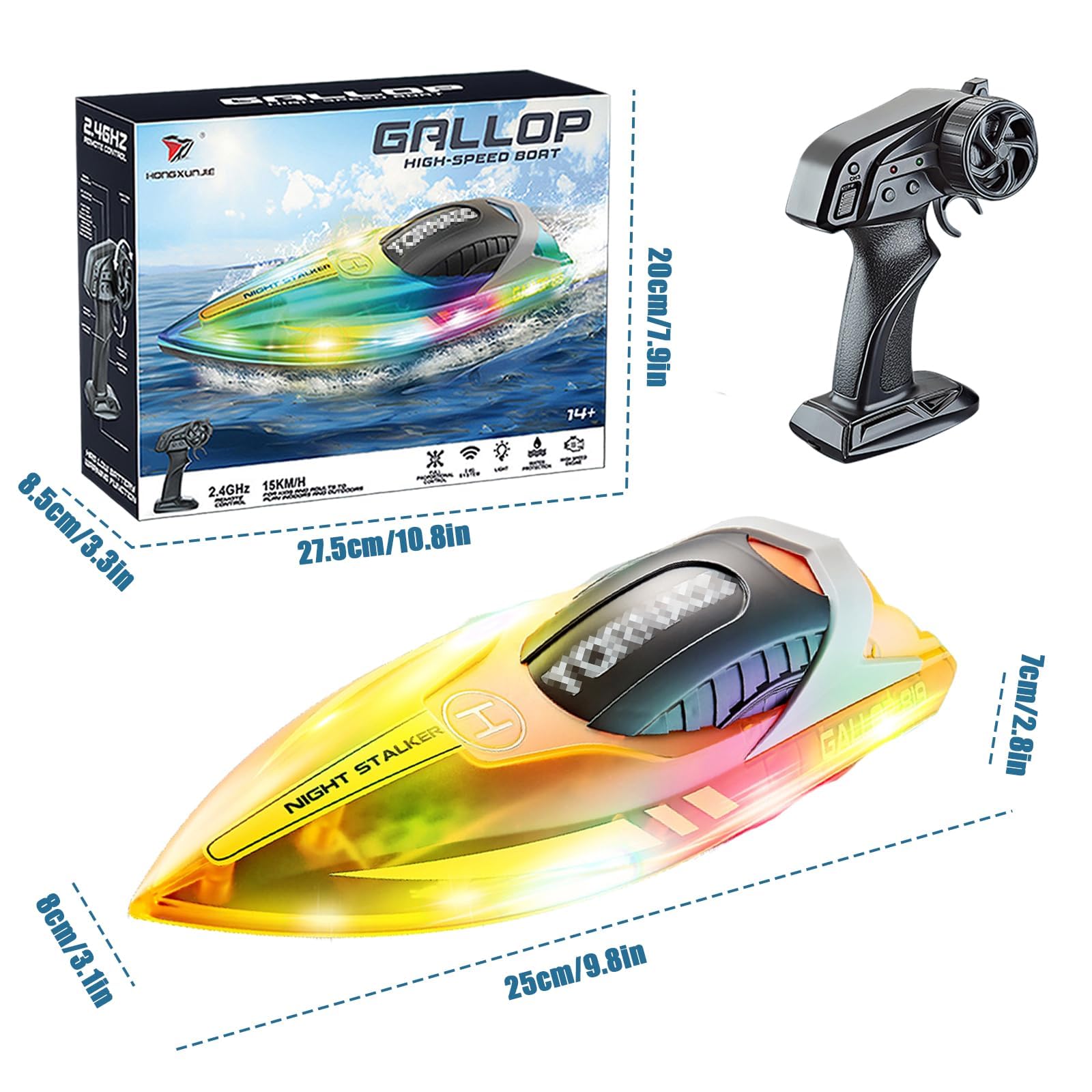 Forhome Barco teledirigido, 2,4 GHz con luces LED, 15 km/h, barco teledirigido, barco de carreras RC, lancha de velocidad, juguete de piscina para niños y adultos (naranja) (B)