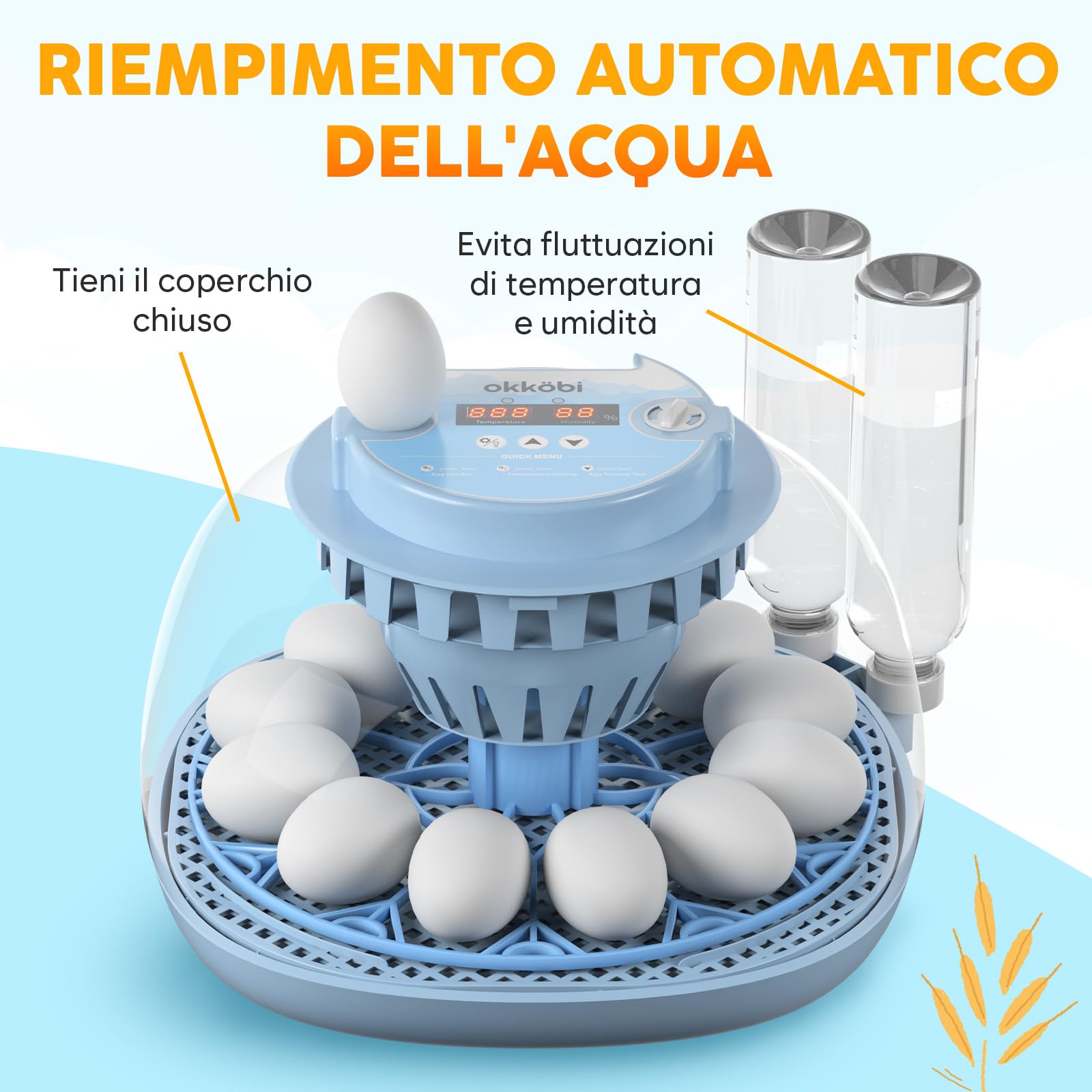 Incubatrice per Uova Automatica 12 Uova – Rotazione Automatica, Controllo Umidità, Mire-uovo Integrato, Bottiglie d’Acqua, Ventilazione, Visione a 360°