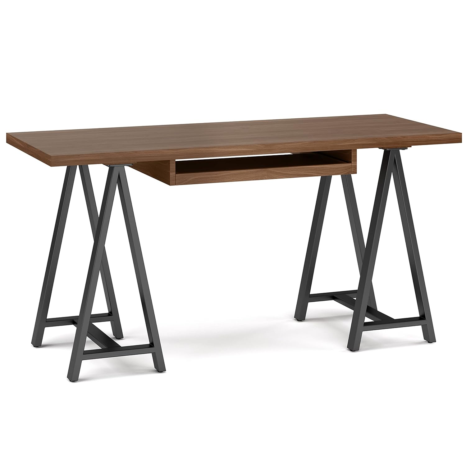 SIMPLIHOME Sawhorse Industrial 60 inch Wide SOLID WALNUT WOOD and Metal Desk in Walnut for the Office Desk