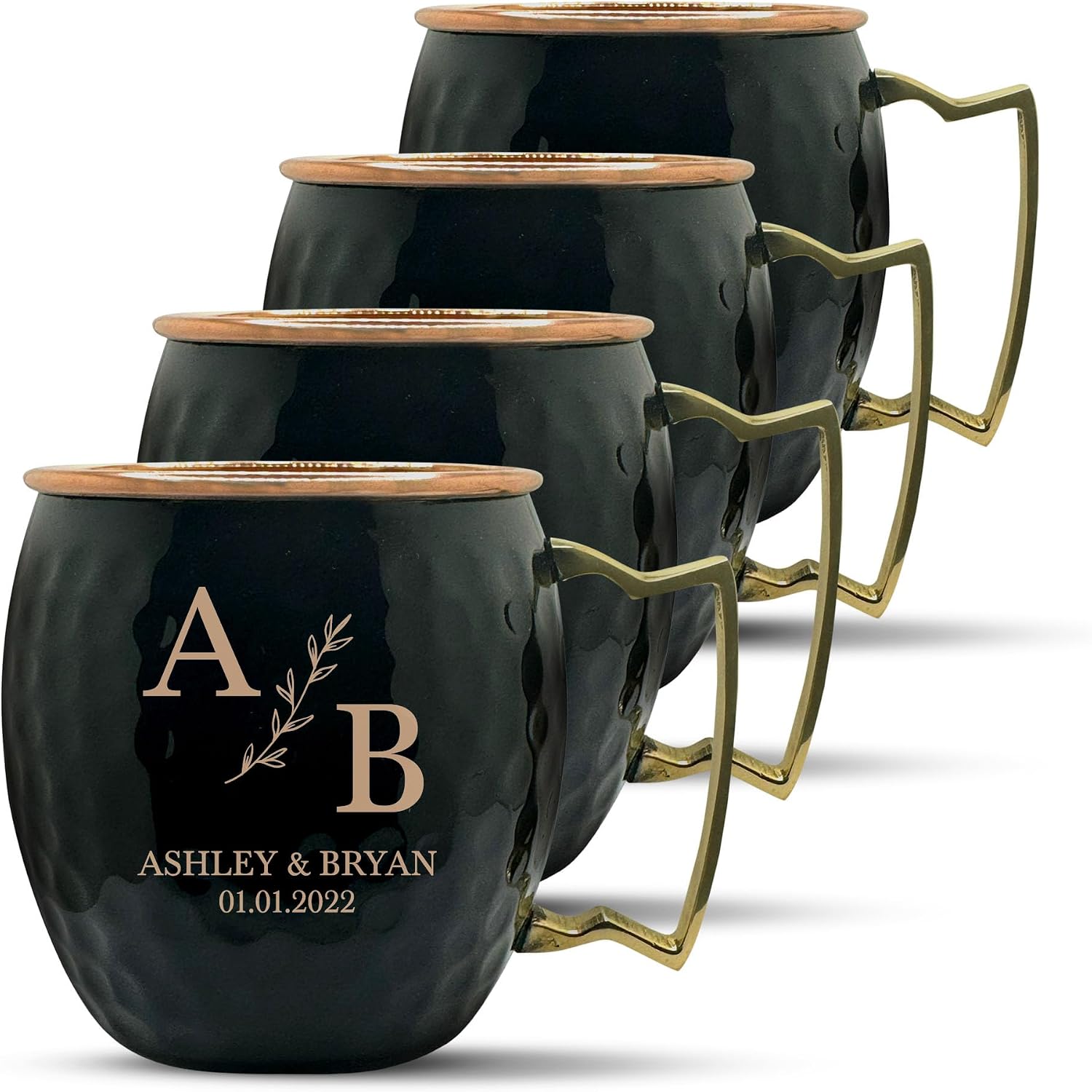 Personalized Custom Copper Moscow Mule with Hammered Painted Finish - Engraved Bar Style 100% Copper Cup with Custom Bold Branch Wedding Theme Engraving, Brass Handle | 18 oz, Pink | Set of 4