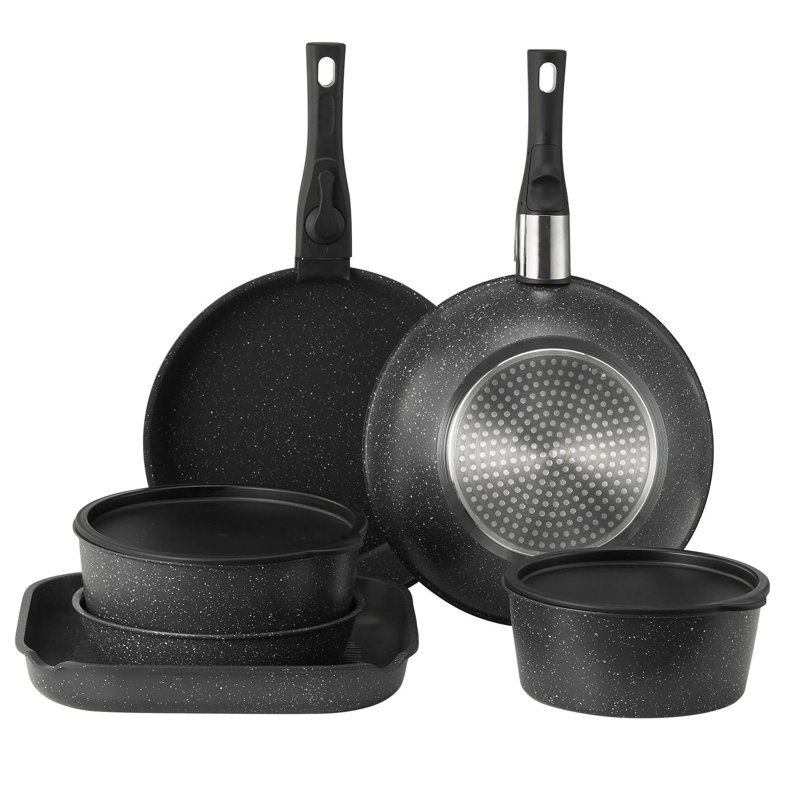 VEVOR Pentole e Padelle Antiaderenti, con Manico Staccabile, Set di Pentole a Induzione da Cucina per Camper, con Frittura, Coperchi in Vetro Temperato, Adatti al Forno,17 Pezzi Nero