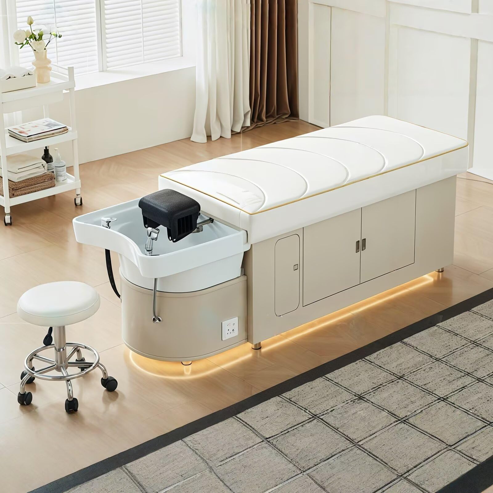 Łóżko spa do salonu fryzjerskiego, łóżko szampon z myciem i masażem włosów, obieg wody, dymiacja, nastrojowe światło, nowoczesny i czysty design, białe