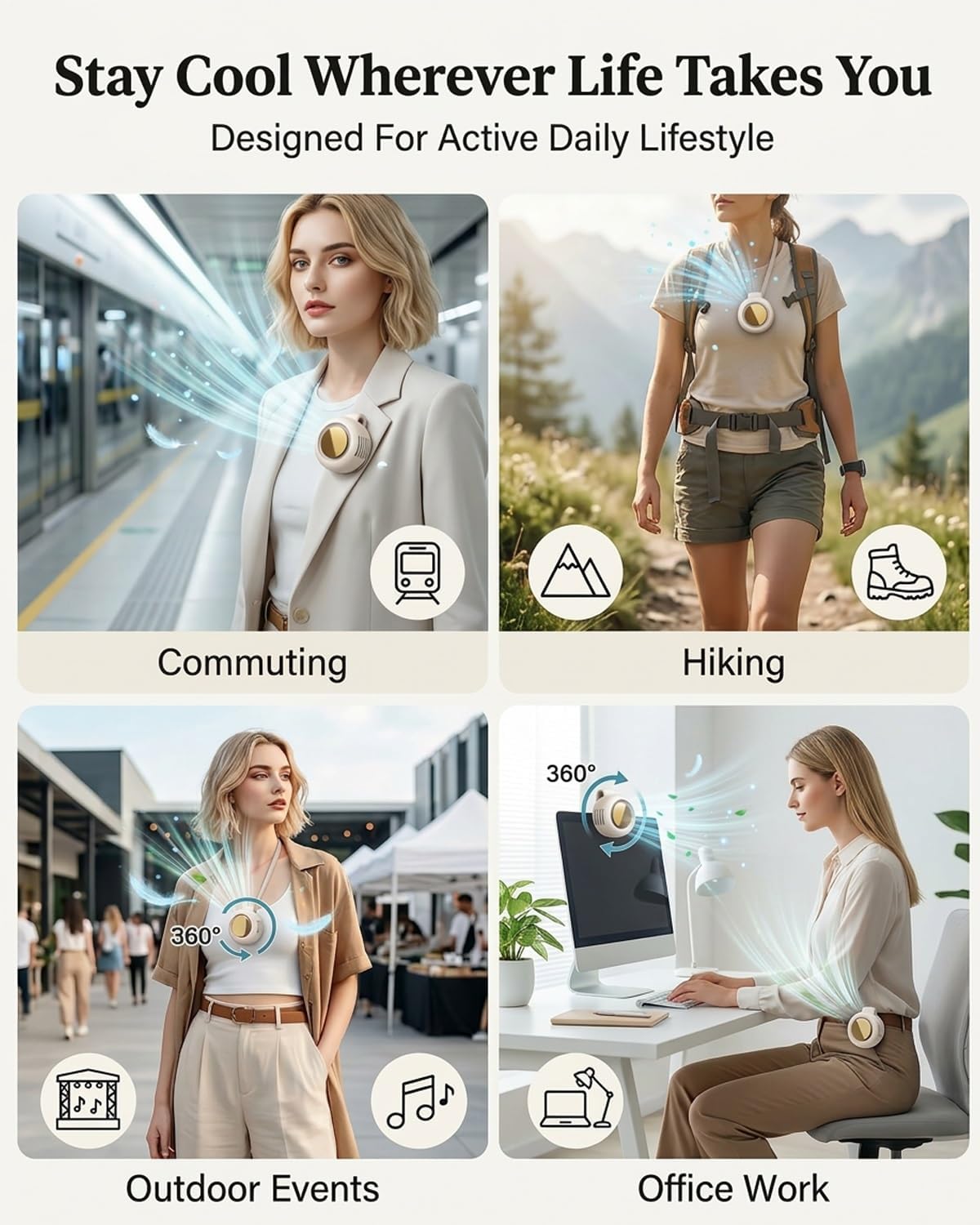 Portable Mini Clip on Fan Travel Small Handheld Shirt Waist Wearable Personal Bladeless Silent Cooling Electric Lightweight Easy Use Quiet USB Rechargeable Handheldfans for Outdoor & Office(White)