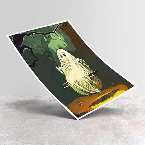 Miniatura 4 de Lienzo decorativo para pared de fantasma, divertido póster de fantasma en columpio de bosque, impresión artística de Halloween (18 x 12 pulgadas,
