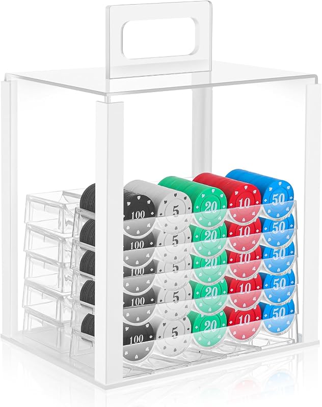 Hiboom 1 Pack Acrylic Poker Chip Case, 1000 Pcs Chips Capacity Chip Trays Set Including Carrier Acrylic Display Case and 10 Pcs Trays Racks Holder (White)