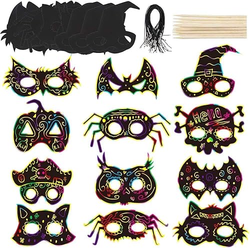 LOKIPA Máscara de papel para rascar de Halloween, 36 máscaras mágicas de arco iris con lápiz óptico de madera y cordones elásticos para niños,