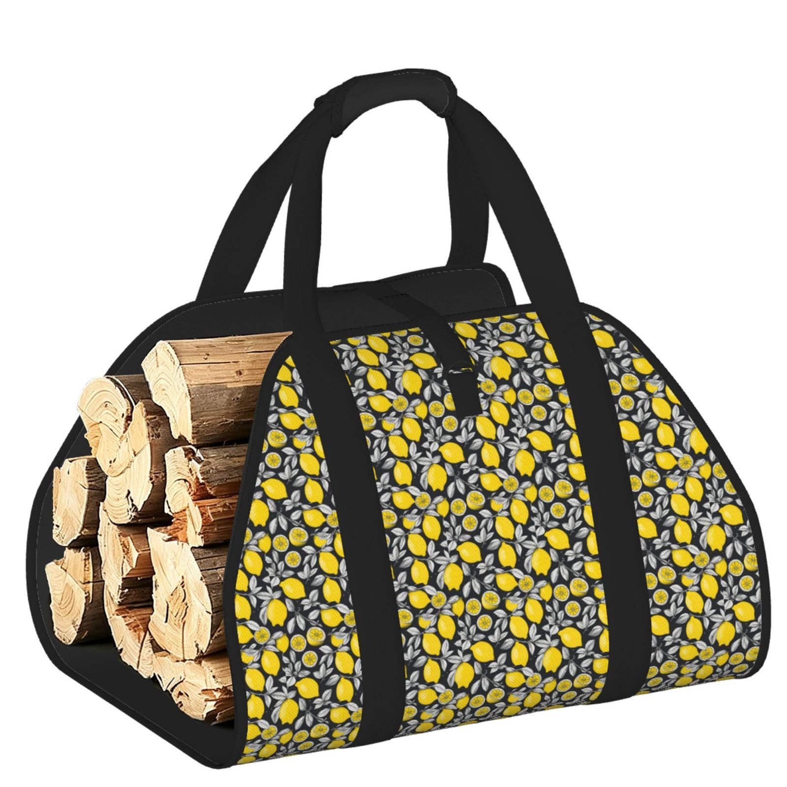 Ayyqwe Black Lemon Fruit Pattern Print Firewood Bag Wood Waterproof Versatile Camping Picnic Storage Daily Home