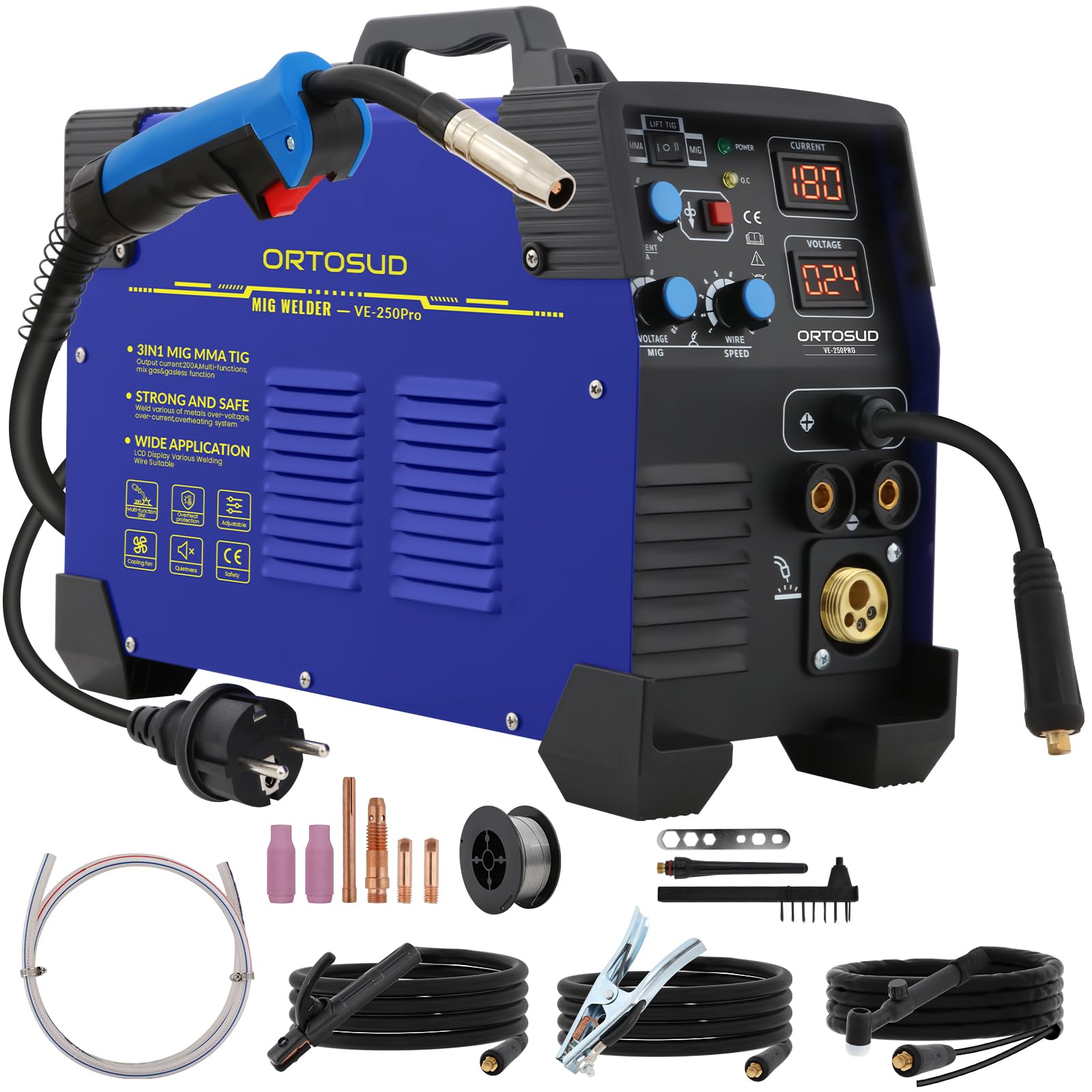 200A 3 en 1 Soldador MIG MAG con Pantalla LED Grande,con Maquina de Soldar TIG ARC/Lift,Exhaust fan,Grupo de Soldar,MÚLTIPLES Protecciones De Seguridad,Función de Soldadura