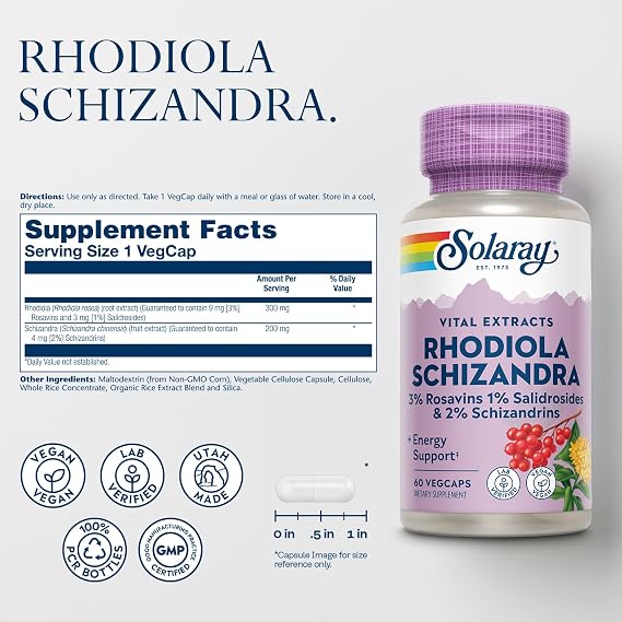 SOLARAY Rhodiola Schizandra - Rhodiola Rosea Extract - Energy Support and Occasional Stress Relief Supplement - Vegan, Lab Verified, 60 Servings, 60 VegCaps