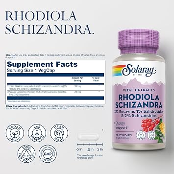 SOLARAY Rhodiola Schizandra - Rhodiola Rosea Extract - Energy Support and Occasional Stress Relief Supplement - Vegan, Lab Verified, 60 Servings, 60 VegCaps