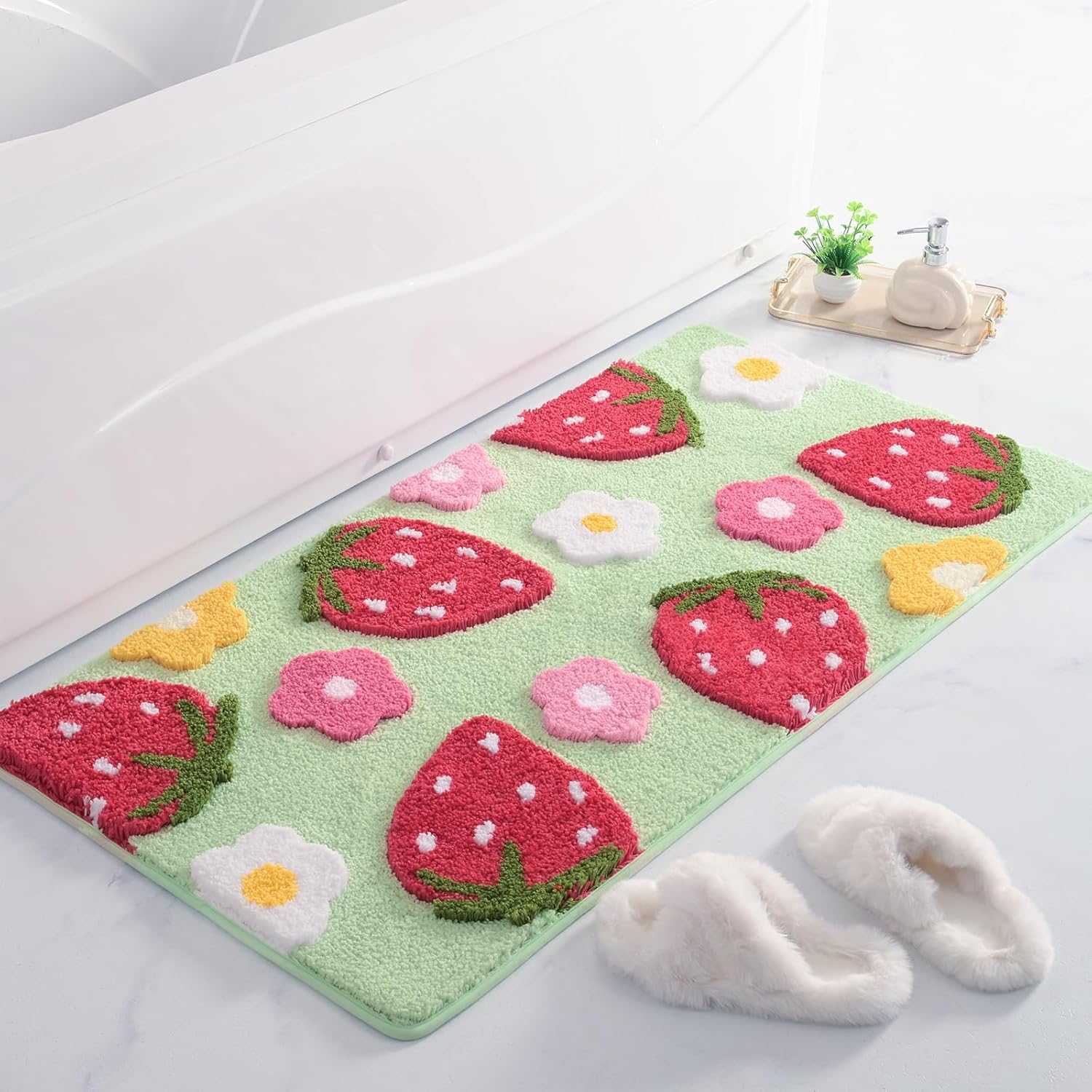 Anybar Green Bathroom Rugs Cute Strawberry Flower Bath Mat Bathroom Accessories, Funny Colorful Non Slip Floor Bath Rug Machine Washable Bathmat Soft Microfiber Carpet for Shower, Bathtub (24x48 in)