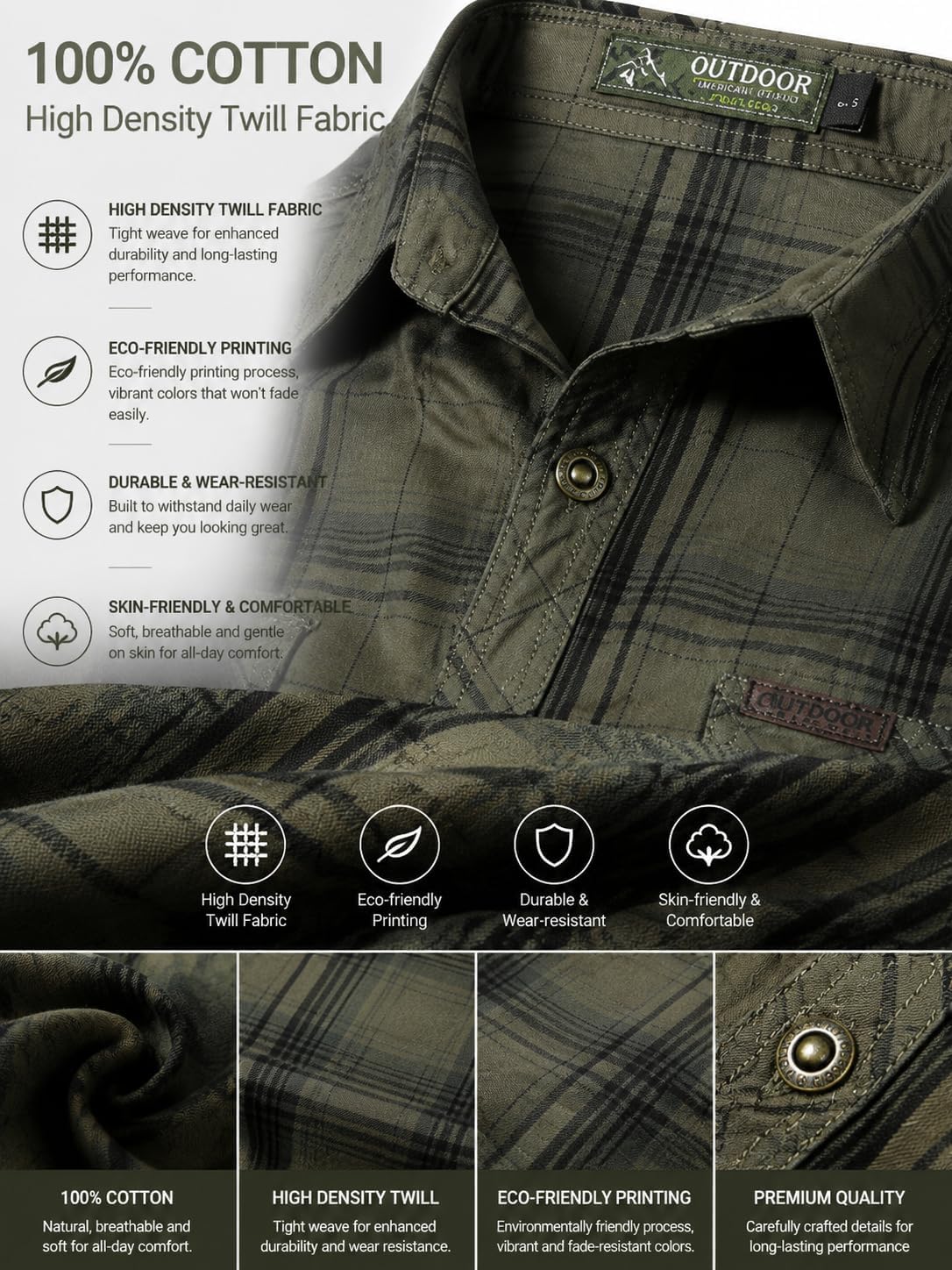 FREDD MARSHALL Men's Long Sleeve Cotton Plaid Cargo Work Shirt
